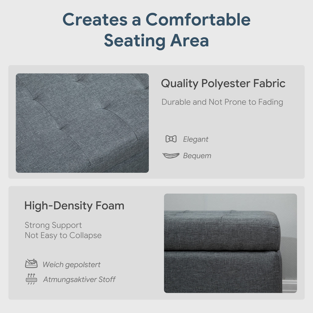 Rectangular Entry Bench, Tufted Upholstered Linen Fabric Wood Feet Storage Ottoman Bench, Grey