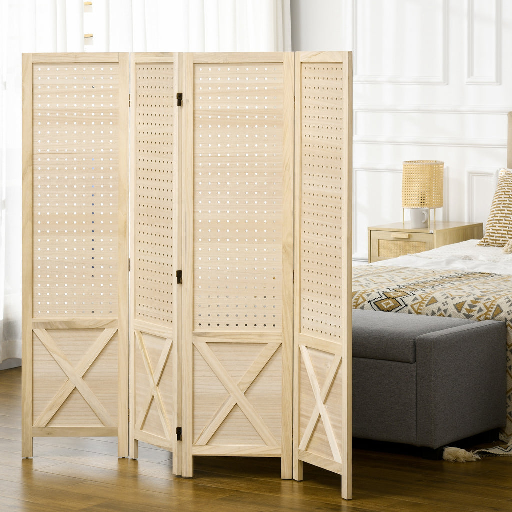 4.7' 4 Panel Wooden Room Divider with Pegboard Display, Folding Privacy Screen for Home Office, Natural