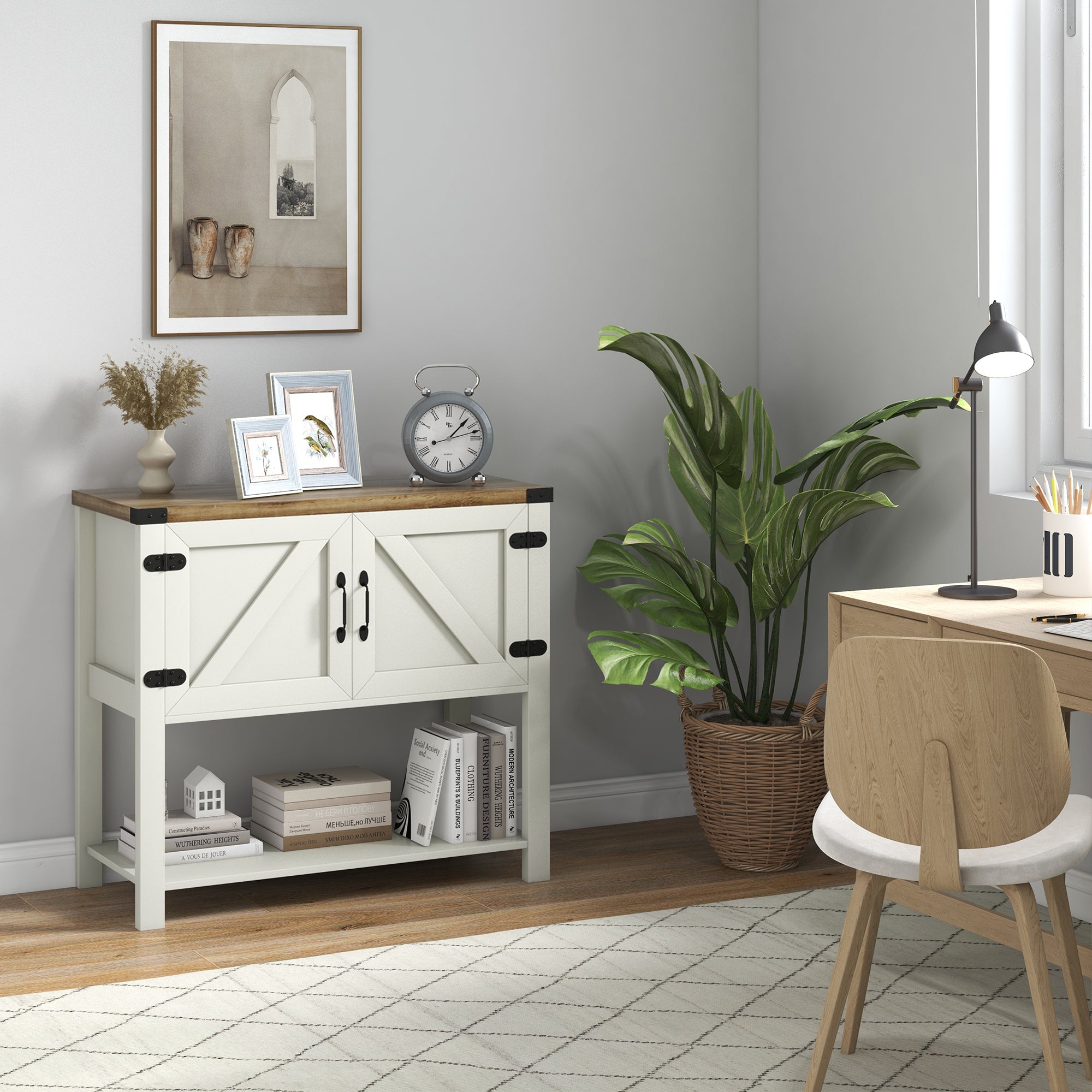Farmhouse Kitchen Storage Cabinet, Free Standing Sideboard Console Table with Barn Doors, Bottom Shelf, White