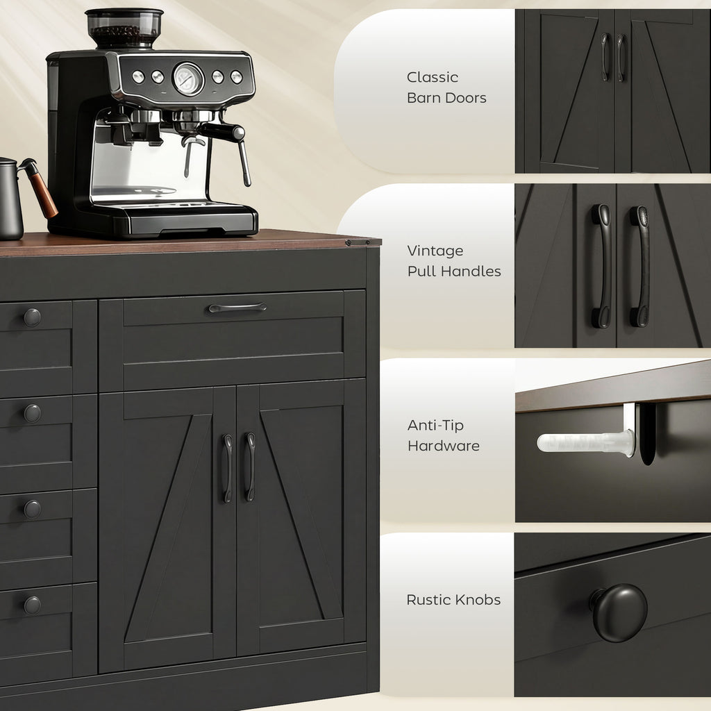Sideboard Buffet Cabinet, 55" Farmhouse Kitchen Cabinet with 4 Barn Doors, 6 Drawers and 2 Adjustable Shelves, White