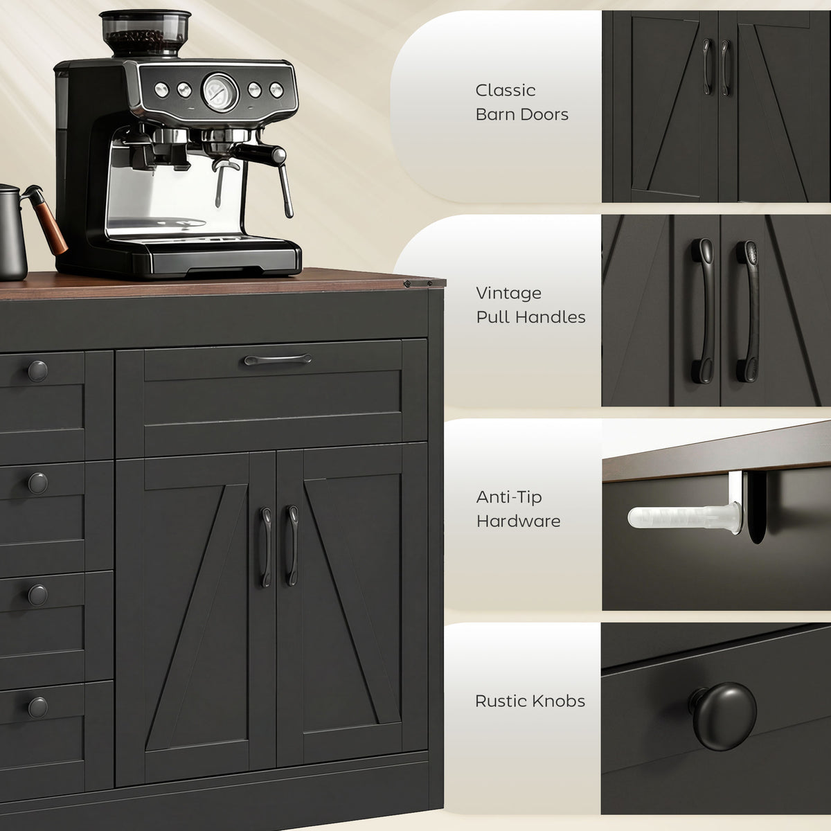 Sideboard Buffet Cabinet, 55" Farmhouse Kitchen Cabinet with 4 Barn Doors, 6 Drawers and 2 Adjustable Shelves, White