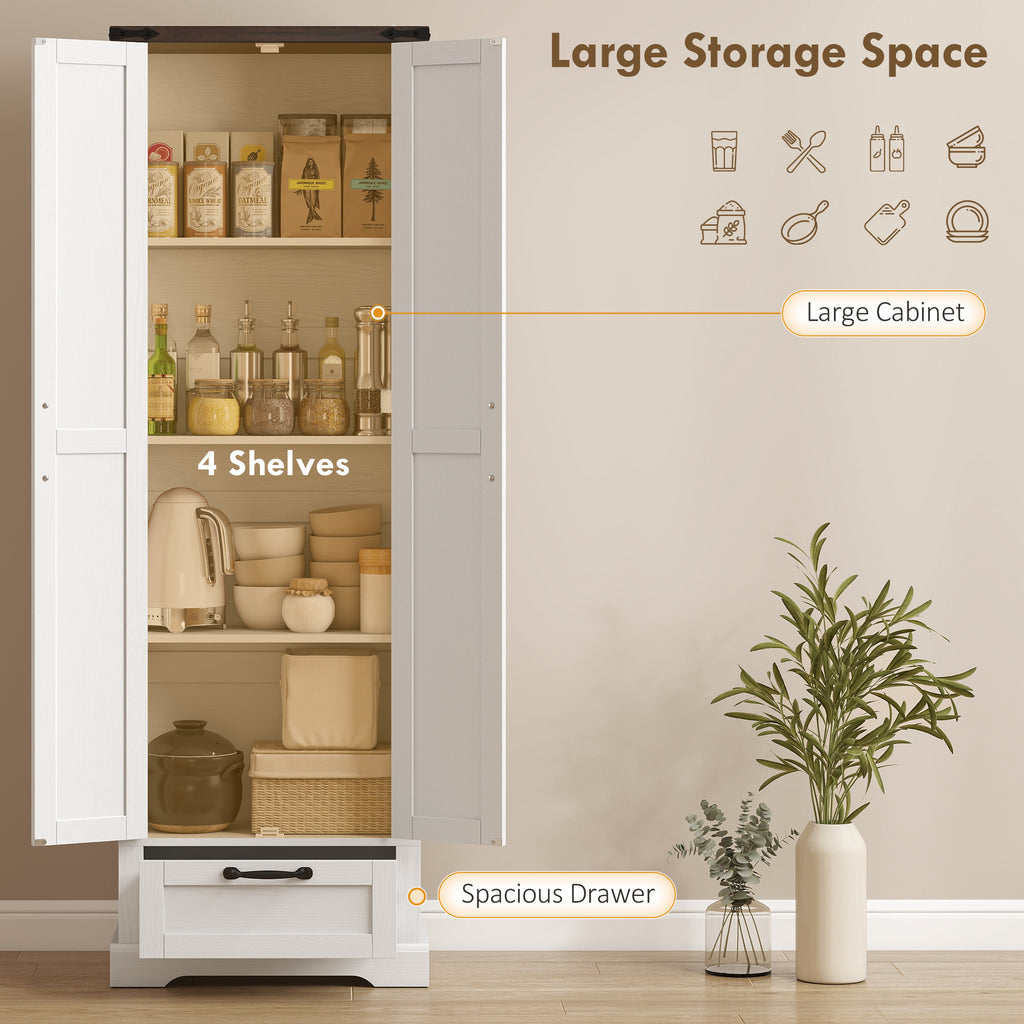 71" Pantry Cabinet, Kitchen Storage Cabinet with Adjustable Shelves, 2 Doors and Drawer for Dining Room, White