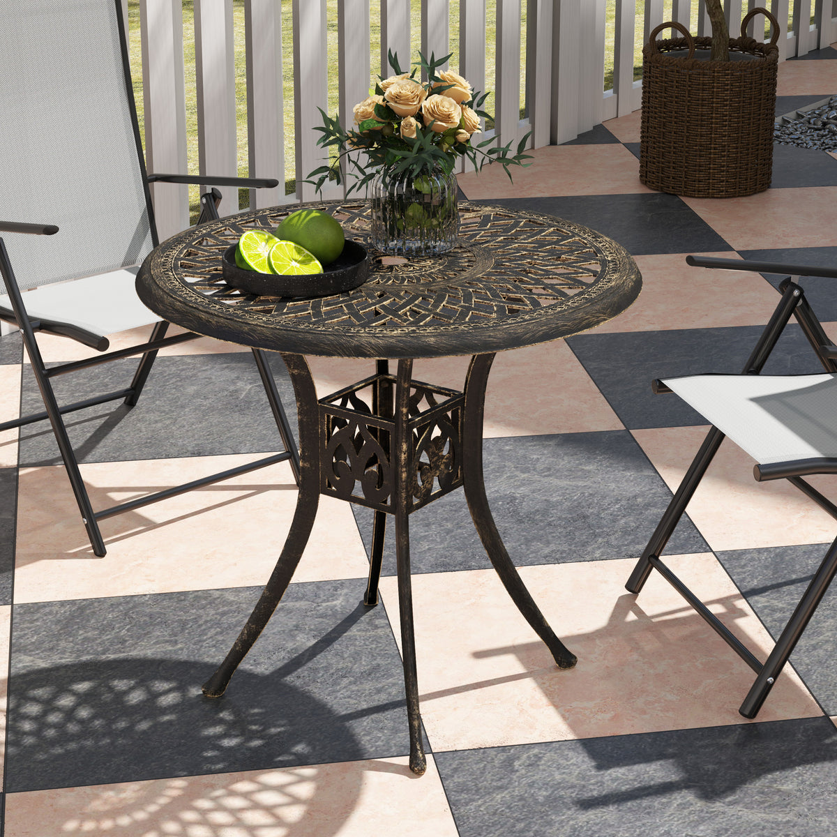 30-inch Round Patio Dining Table with Umbrella Hole Cast Aluminium Outdoor Bistro Table, Black