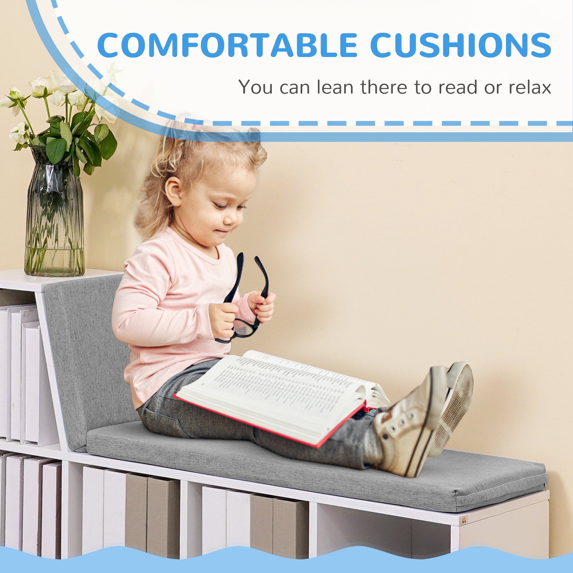 Multi-Purpose Bookshelf with 5 Cubes, 5-Cubby Bookcase with Cushioned Reading Nook and Storage Shelves, Grey