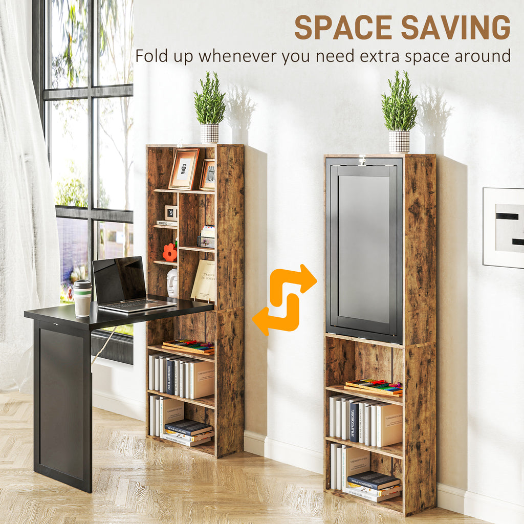 Fold-out Convertible Office Desk, Wall Mount Computer Desk with Blackboard and Side Shelf, Rustic Brown