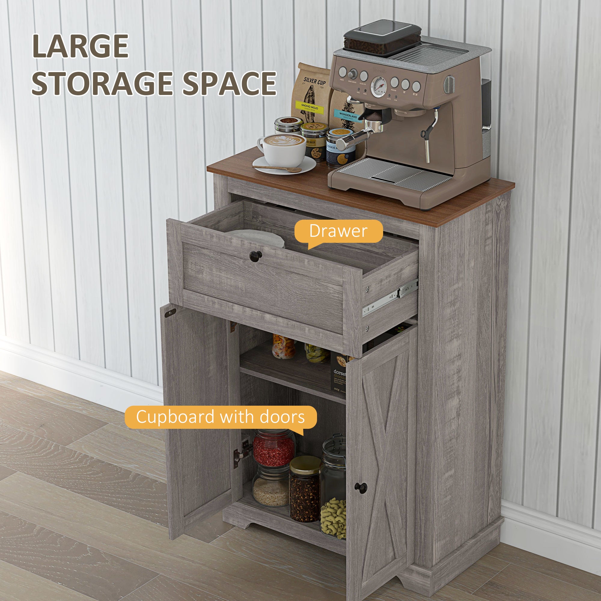 Storage Cabinet Farmhouse Sideboard Storage Cabinet with Doors and Drawer for Kitchen, Living Room, Grey Wash