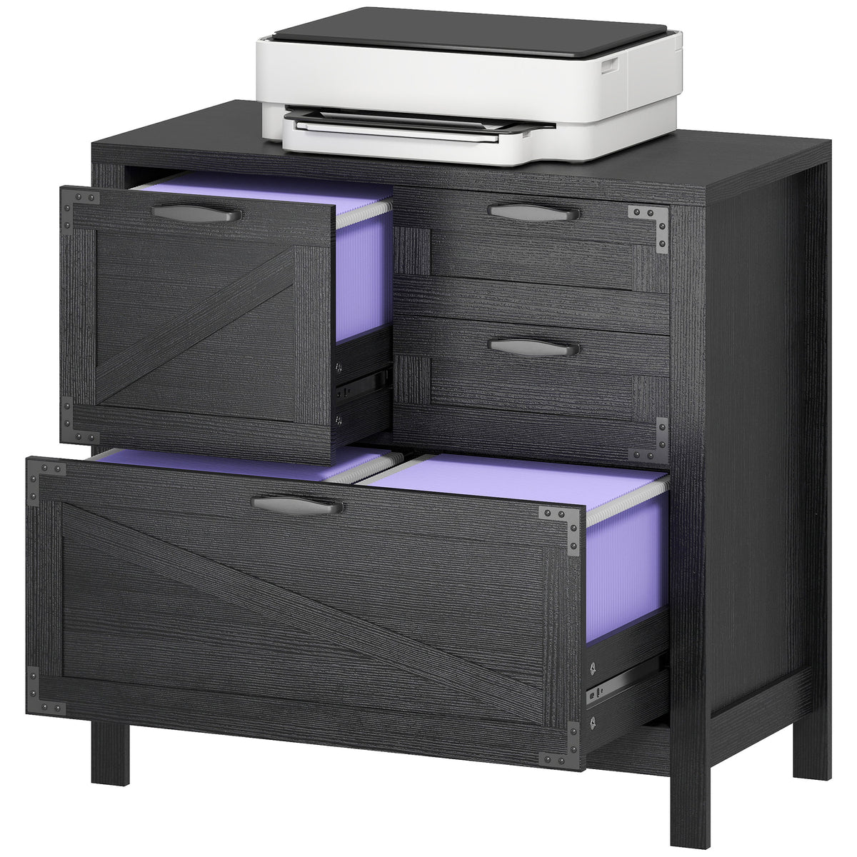 Lateral Filing Cabinet, Farmhouse File Cabinet with 4 Drawers, Fit Letter/A4/Legal Hanging Files, Black Wood Grain
