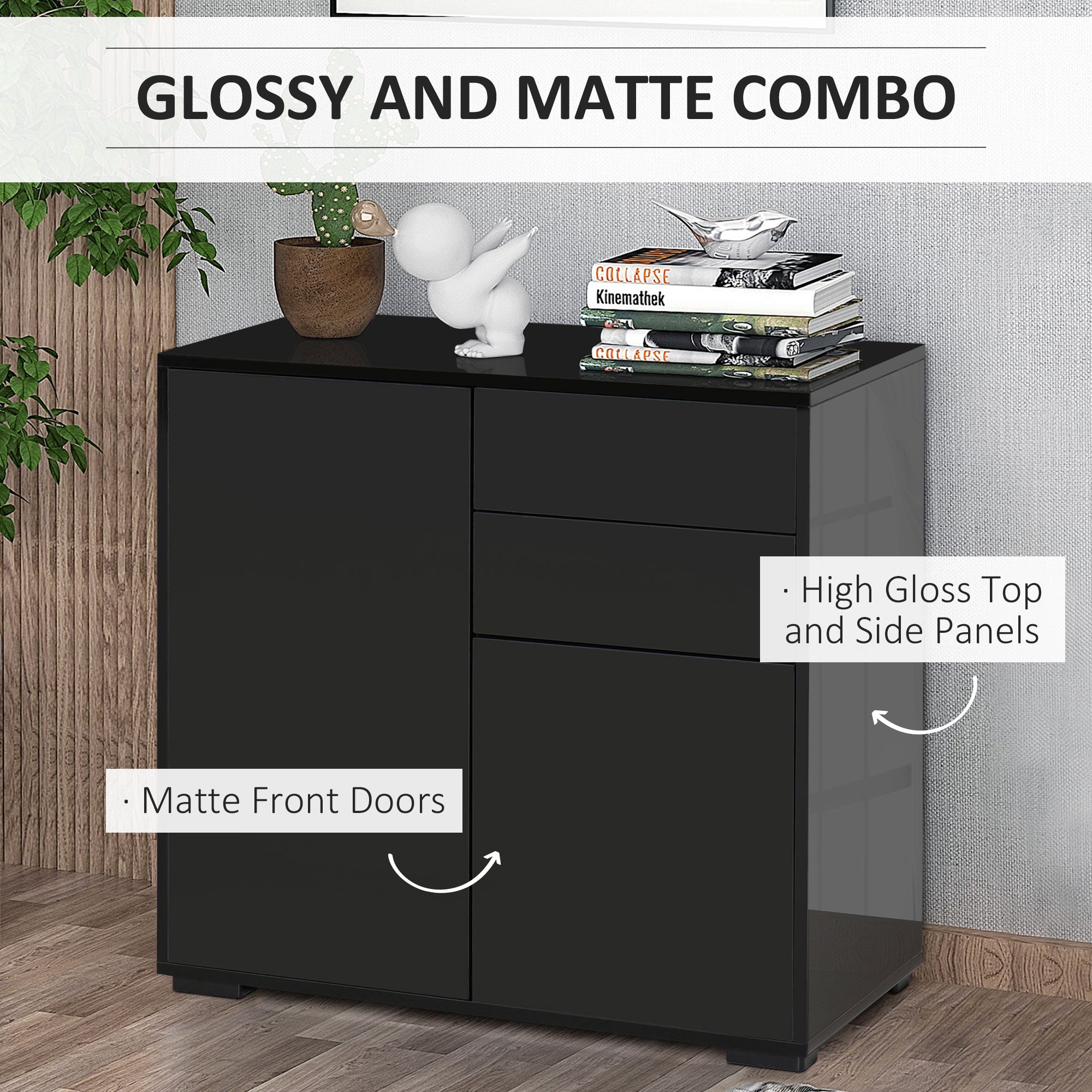 High Gloss Buffet Sideboard with 2 Drawers, 2 Doors and Adjustable Shelf, Kitchen Storage Cabinet with Push Open Design, White