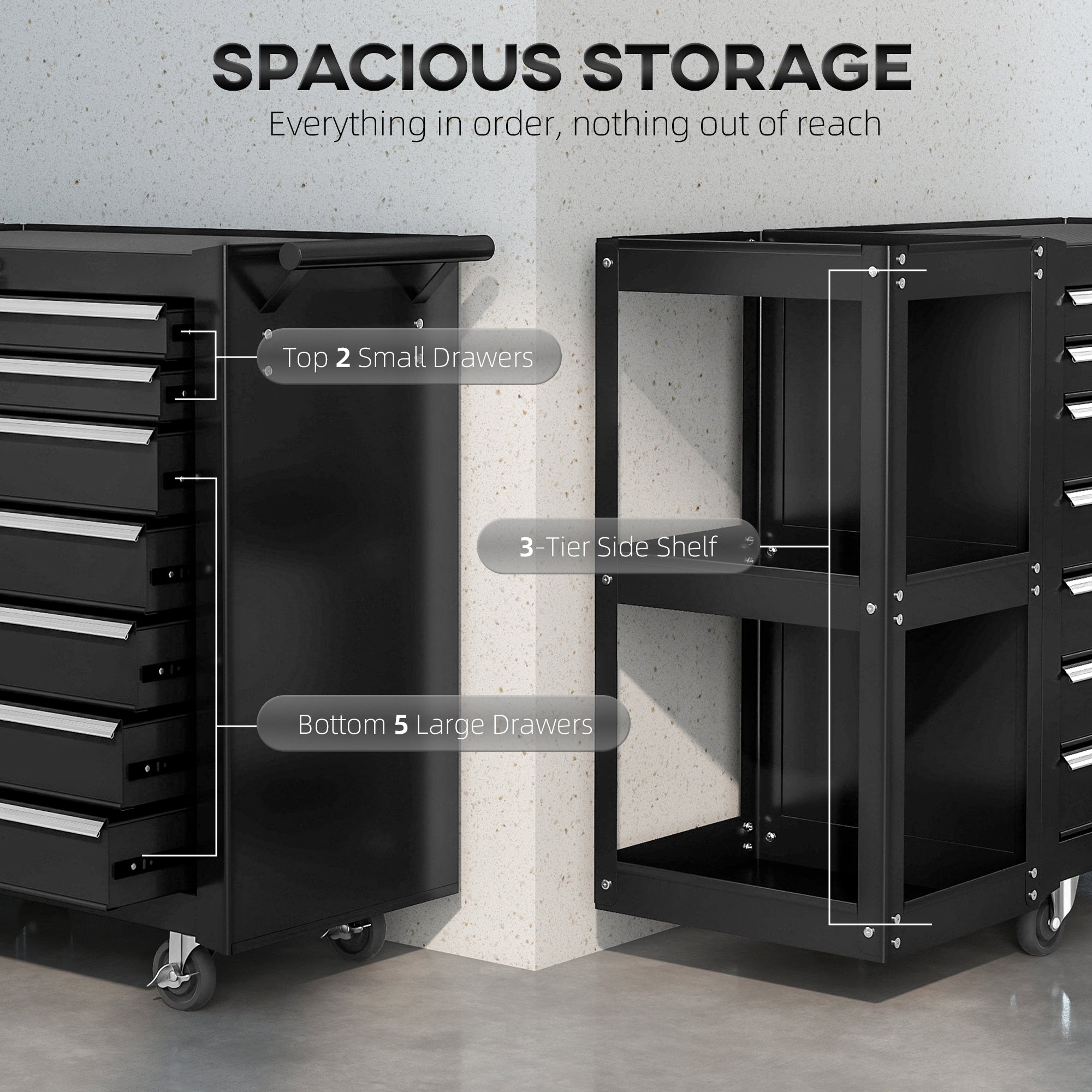 7-Drawer Rolling Tool Chest with Detachable Side Shelf, Lockable Tool Cabinet Box Organizer with Wheels, Black