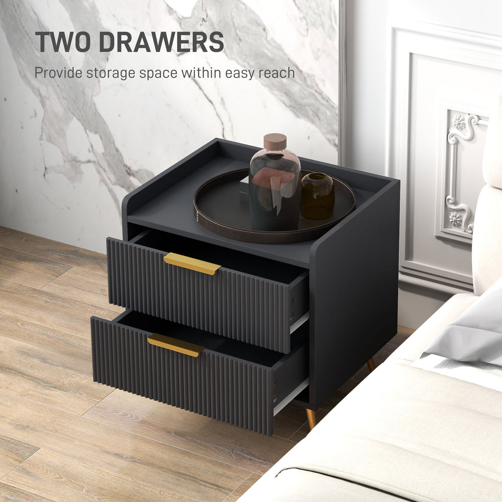 Bedside Table, Nightstand with 2 Drawers, Side End Table with Metal Legs for Bedroom, Black