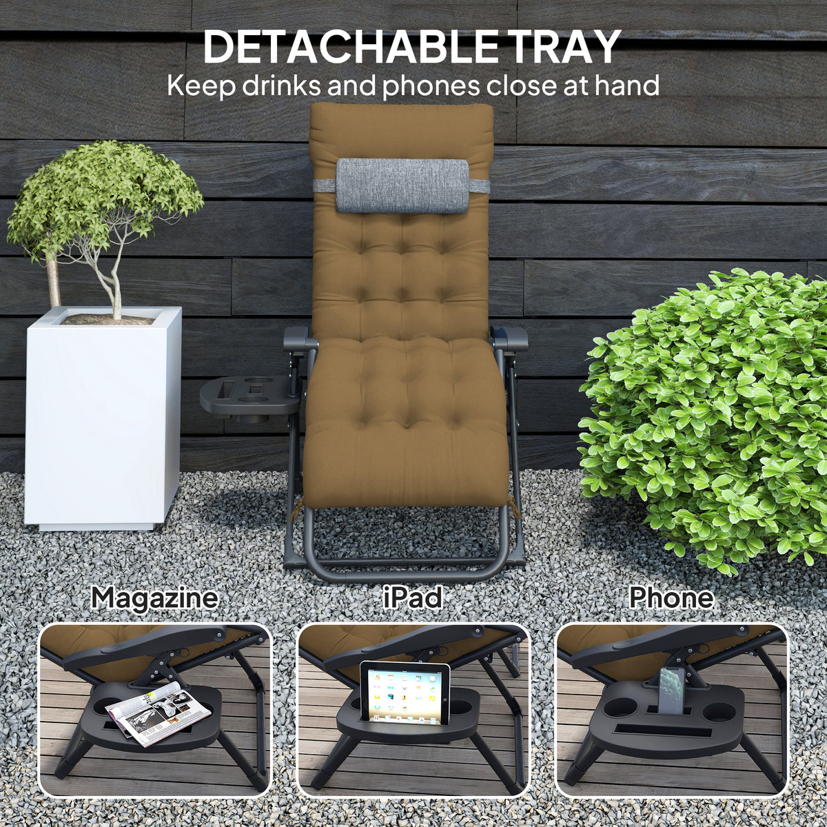 Padded Folding Recliner Chair, Patio Lounger with Cupholder, Adjustable Backrest, Removable Cushion, Light Khaki