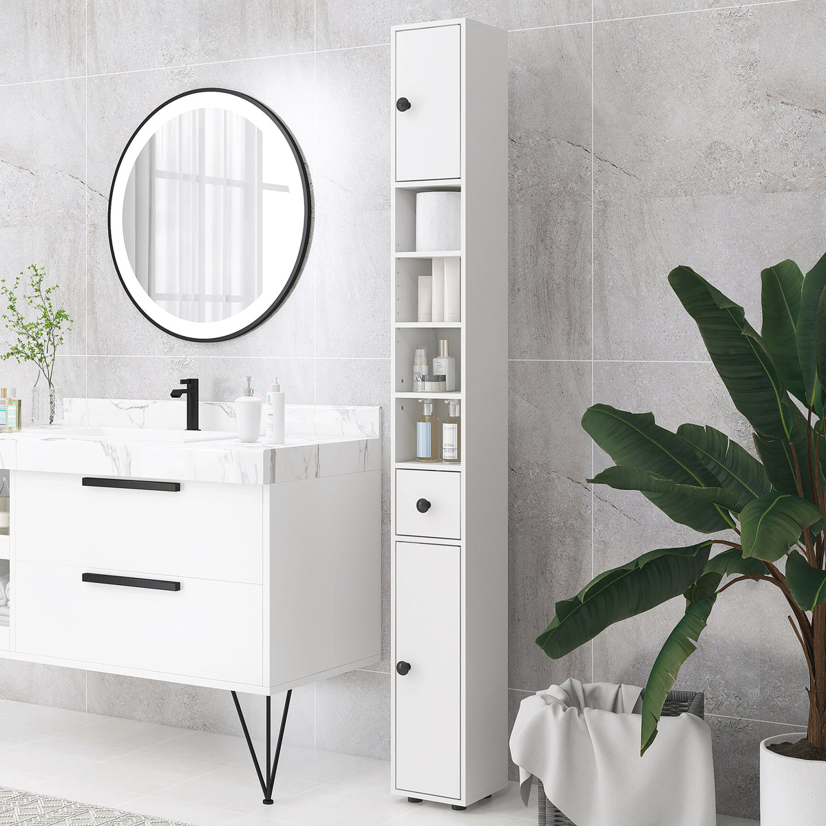 71" Tall Bathroom Storage Cabinet, Narrow Bathroom Cabinet with Open Shelves, 2 Door Cabinets, Adjustable Shelves, for Kitchen, Hallway, Living Room, White