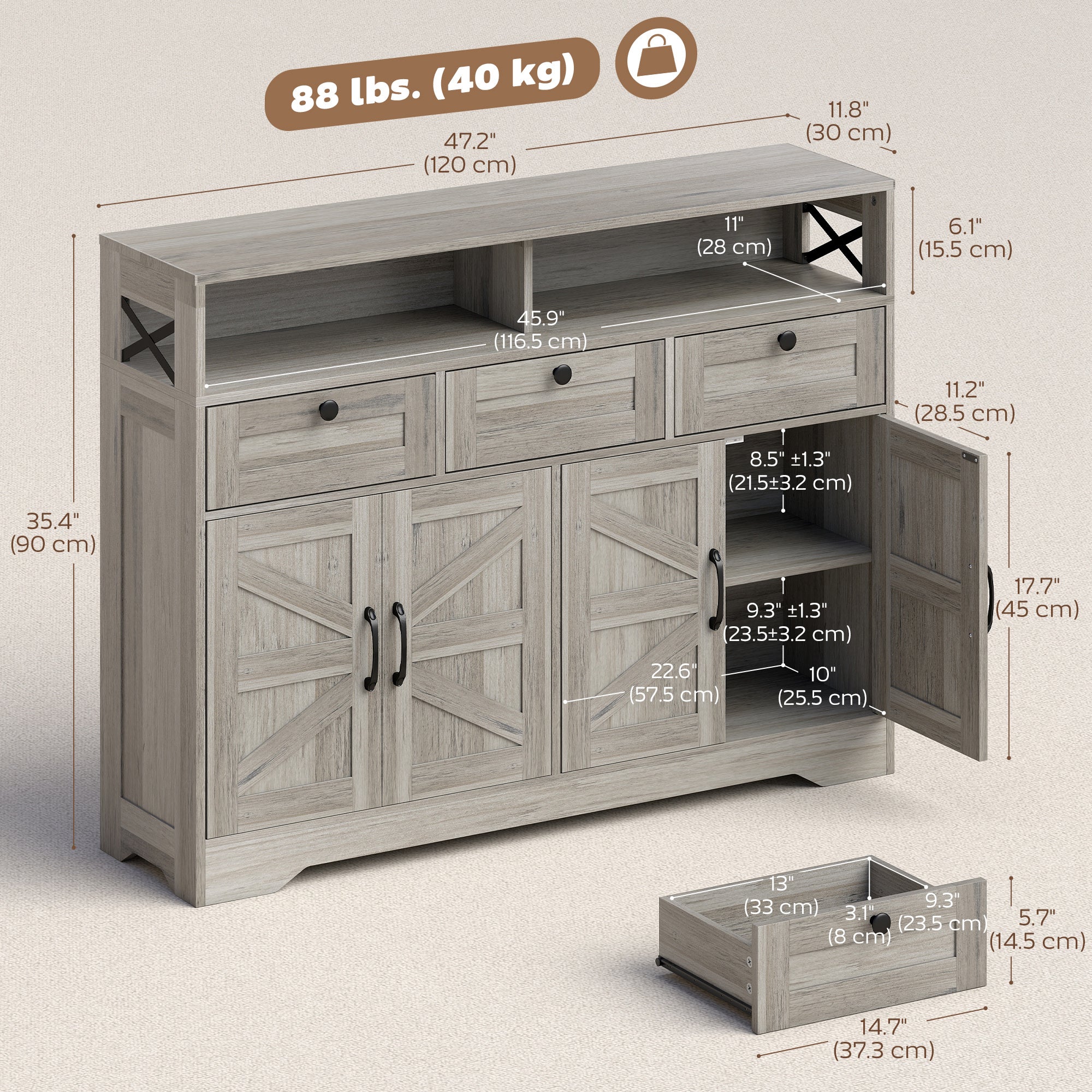 Sideboard, Buffet Cabinet with 4 Barn Doors and 3 Drawers, Coffee Bar Cabinet with Adjustable Shelves, Black