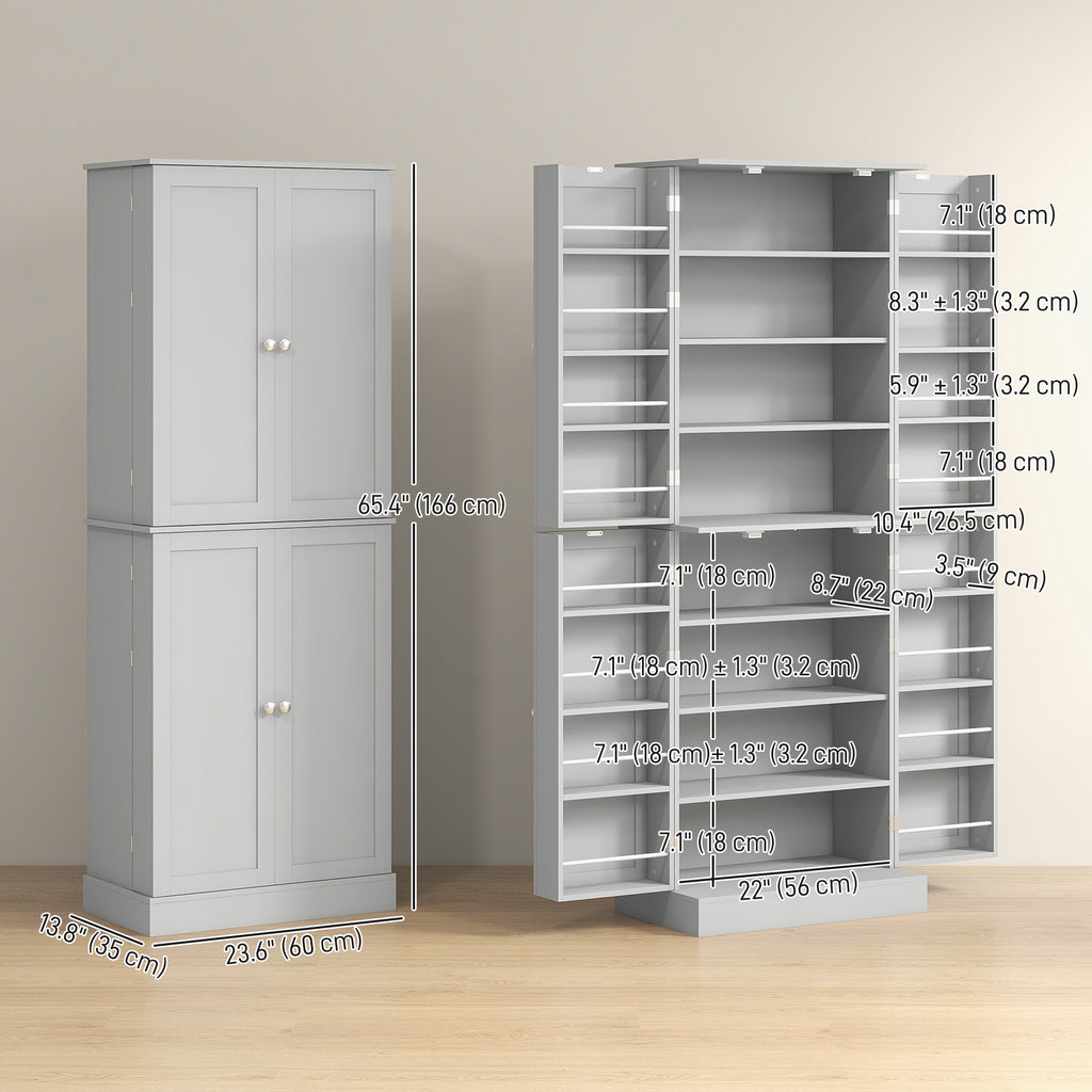 65" Kitchen Cabinet, Kitchen Pantry Cabinet with 4 Doors and 16 Door Shelves for Dining Room, White