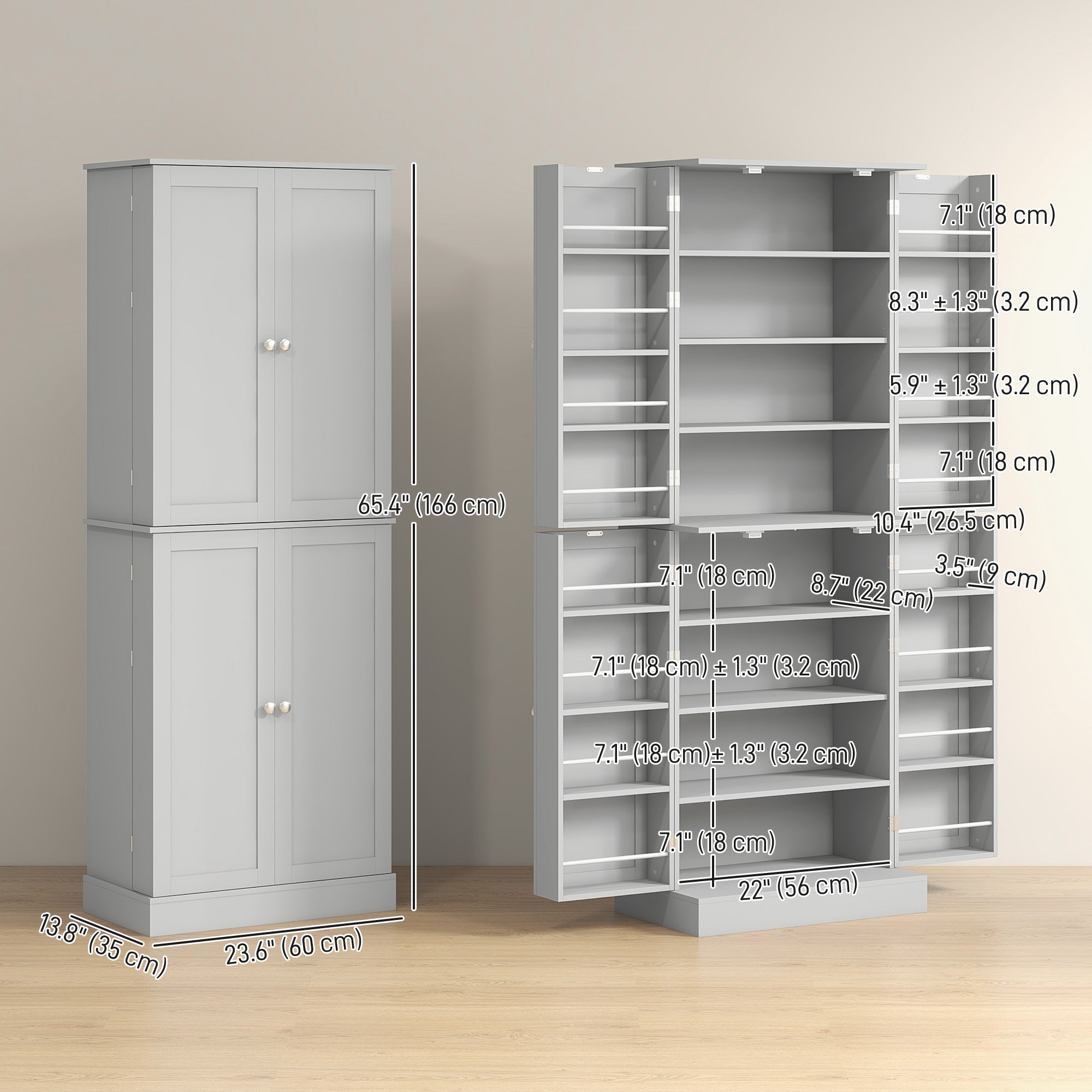 65" Kitchen Cabinet, Kitchen Pantry Cabinet with 4 Doors and 16 Door Shelves for Dining Room, White