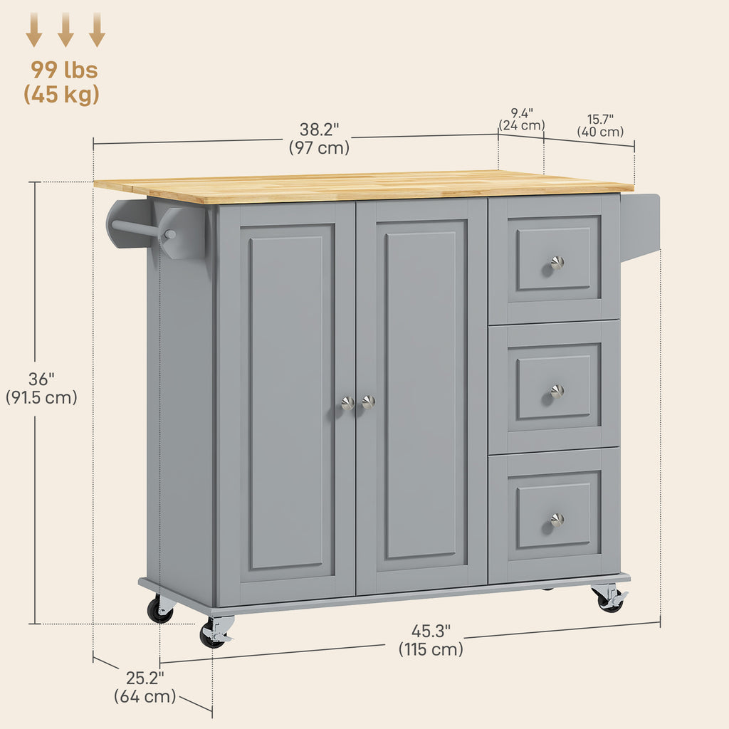 Kitchen Island on Wheels, Kitchen Cart with Drop Leaf, Drawers, White