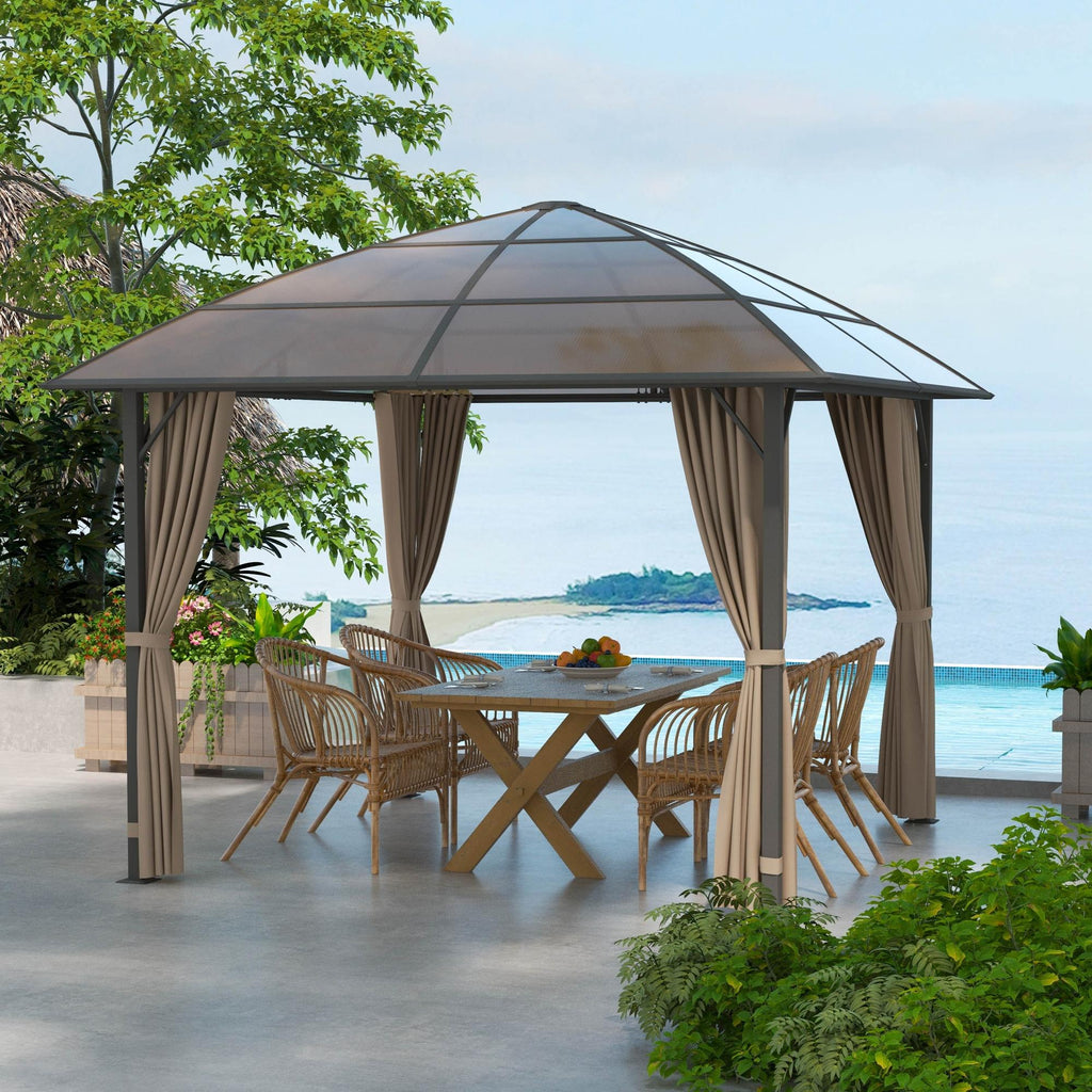 10' x 10' Outdoor Hardtop Gazebo Canopy with UV60+ Polycarbonate Roof, Steel Frame, Central Hook, Curtains, Khaki