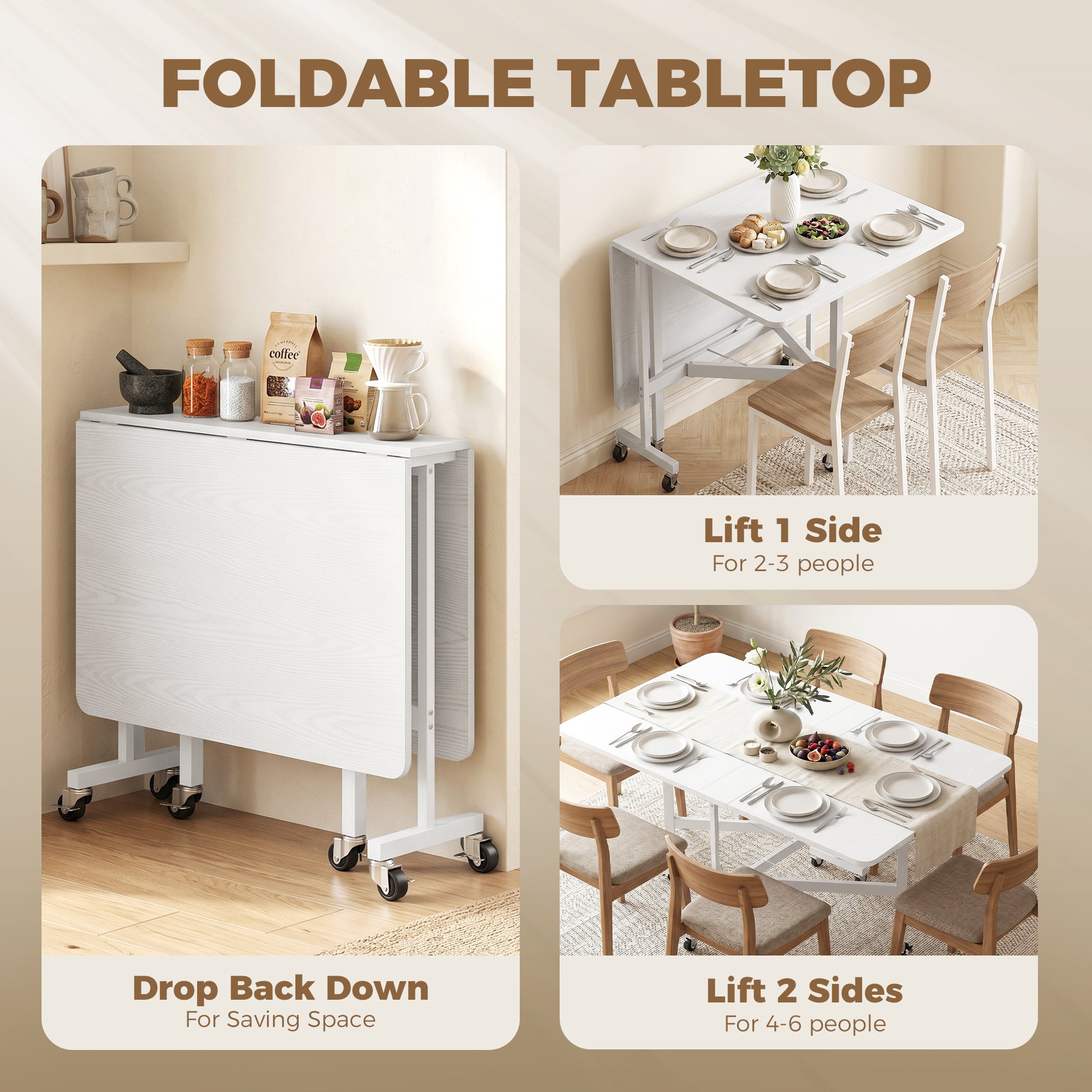 Six-Seater Drop-Leaf Dining Table with Wheels, White