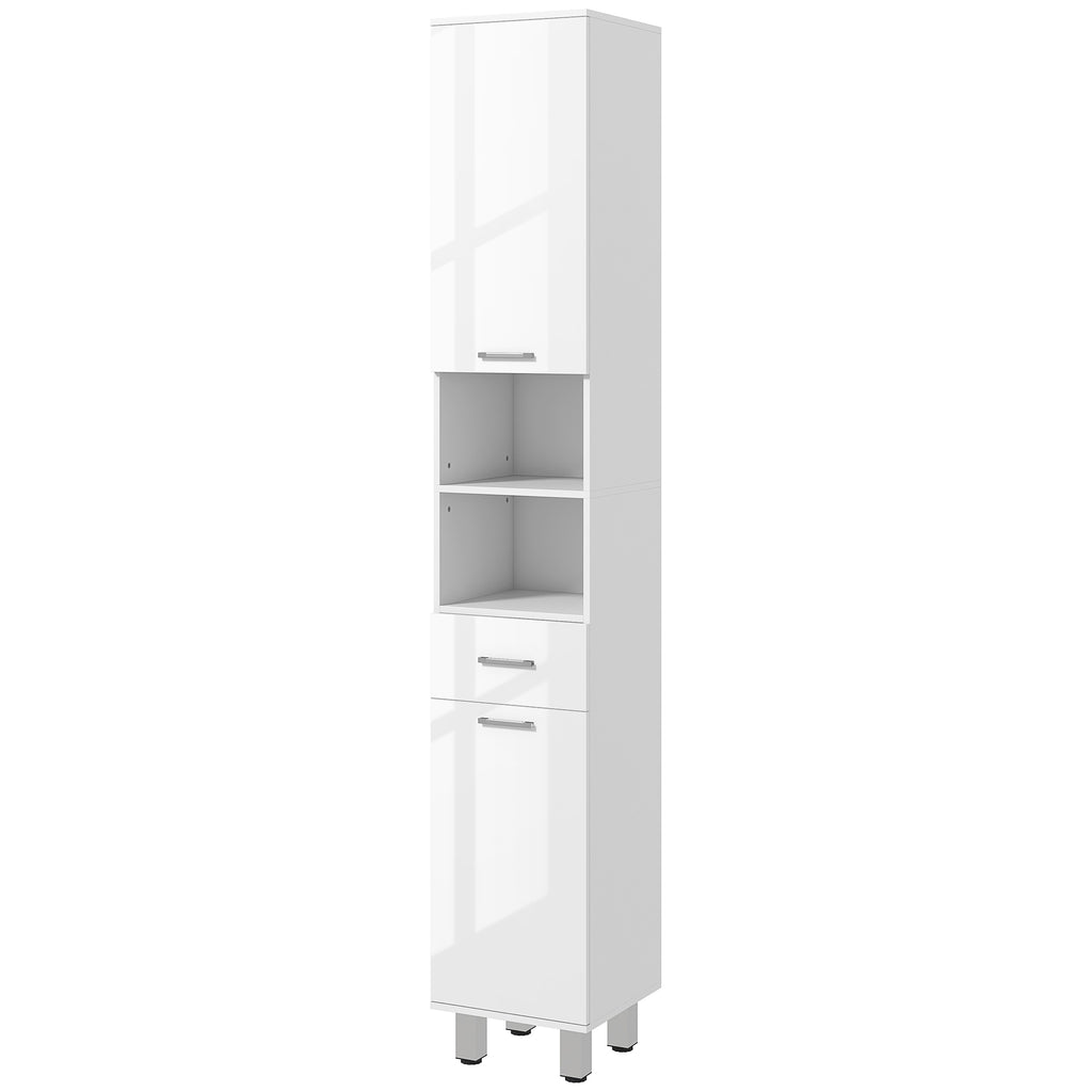 71" Tall Bathroom Storage Cabinet, Narrow Linen Tower with Drawer, Open Shelves, 2 Doors Cabinets and Adjustable Shelves, High Gloss White