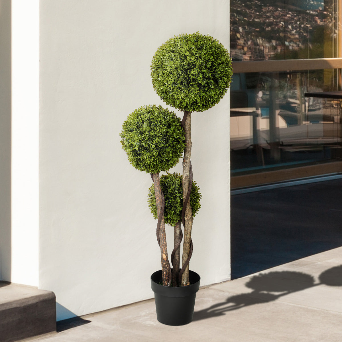 35 Inch Potted Fake Plant, Artificial Boxwood Topiary Tree, Triple Ball Tree for Indoor and Outdoor, Green