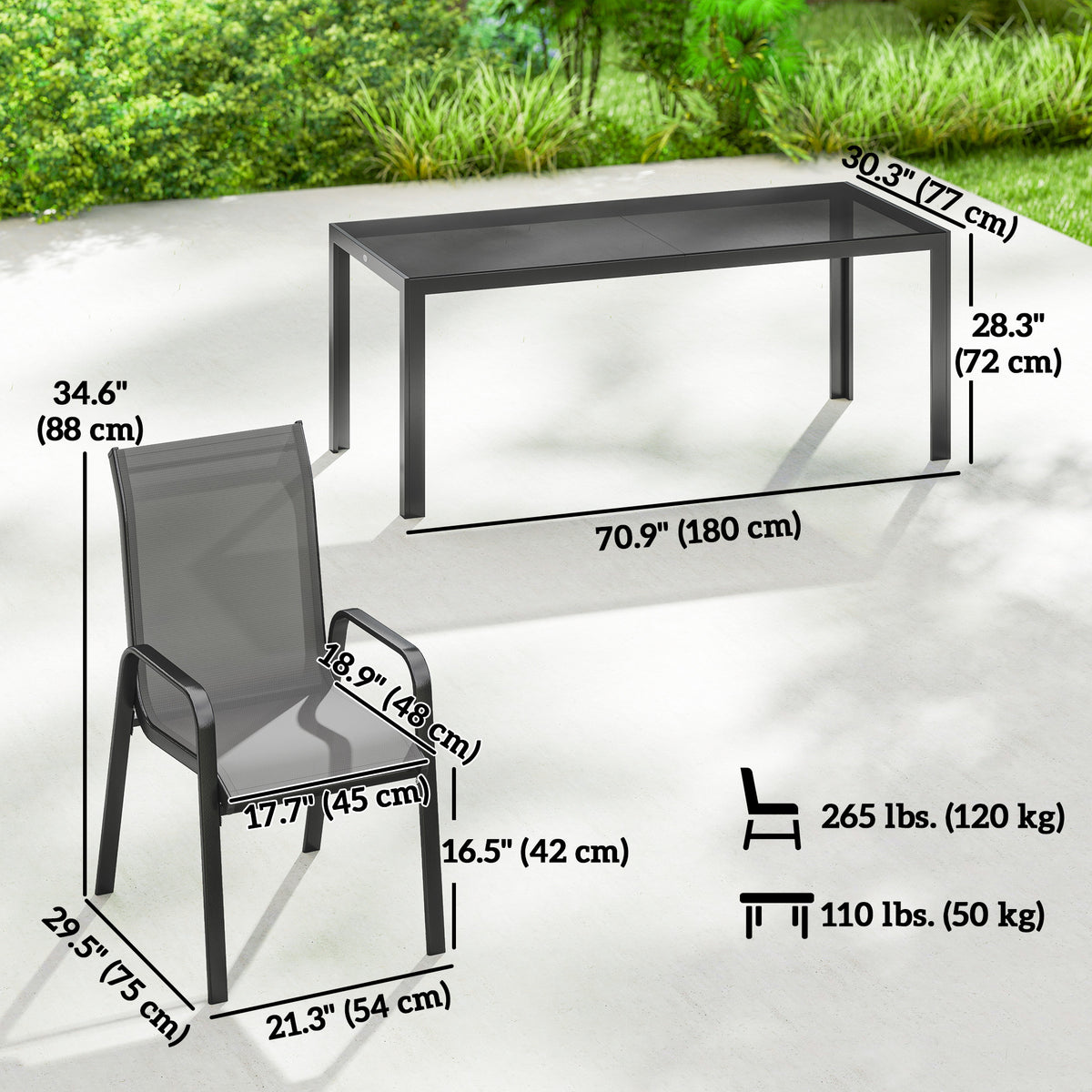 Outdoor Dining Sets for 8 with Stackable Chairs, Patio Dining Set with Glass Top Table for Garden, Patio, Backyard, Dark Grey