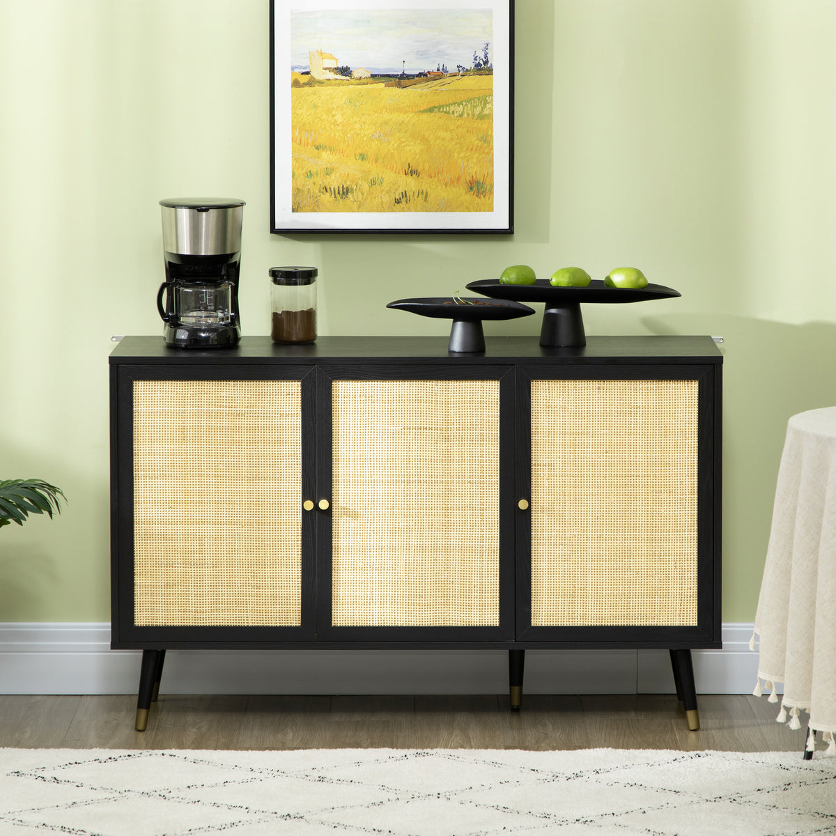 Kitchen Sideboard Cabinet, Boho Storage Cabinet with Shelves, Wood Legs, Decorative Rattan Doors, Black