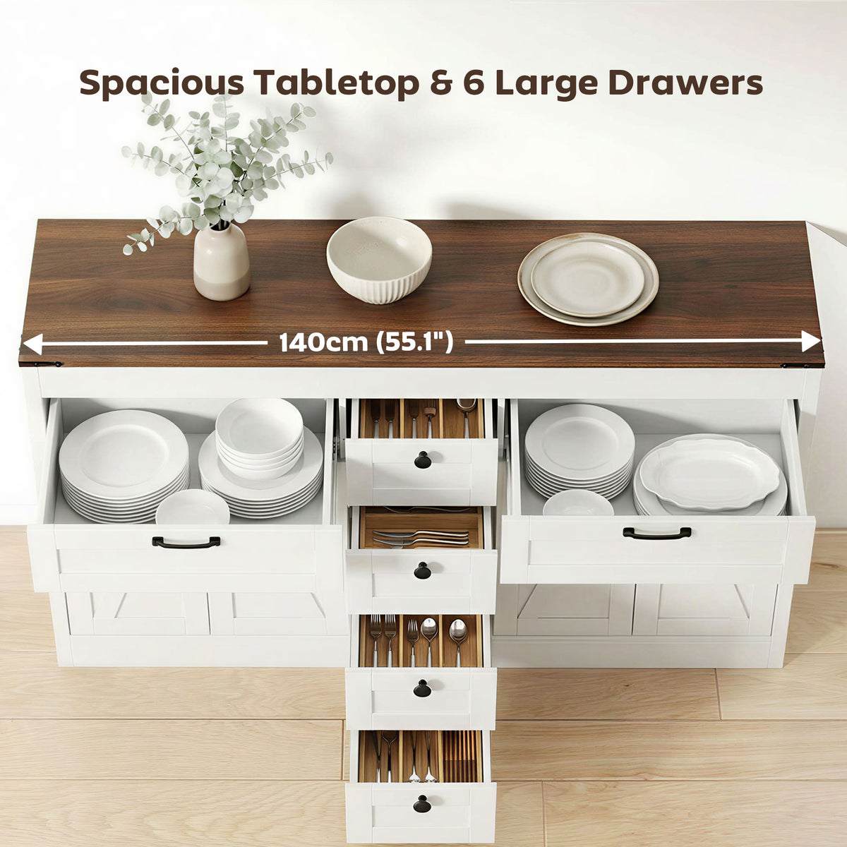 Sideboard Buffet Cabinet, 55" Farmhouse Kitchen Cabinet with 4 Barn Doors, 6 Drawers and 2 Adjustable Shelves, White