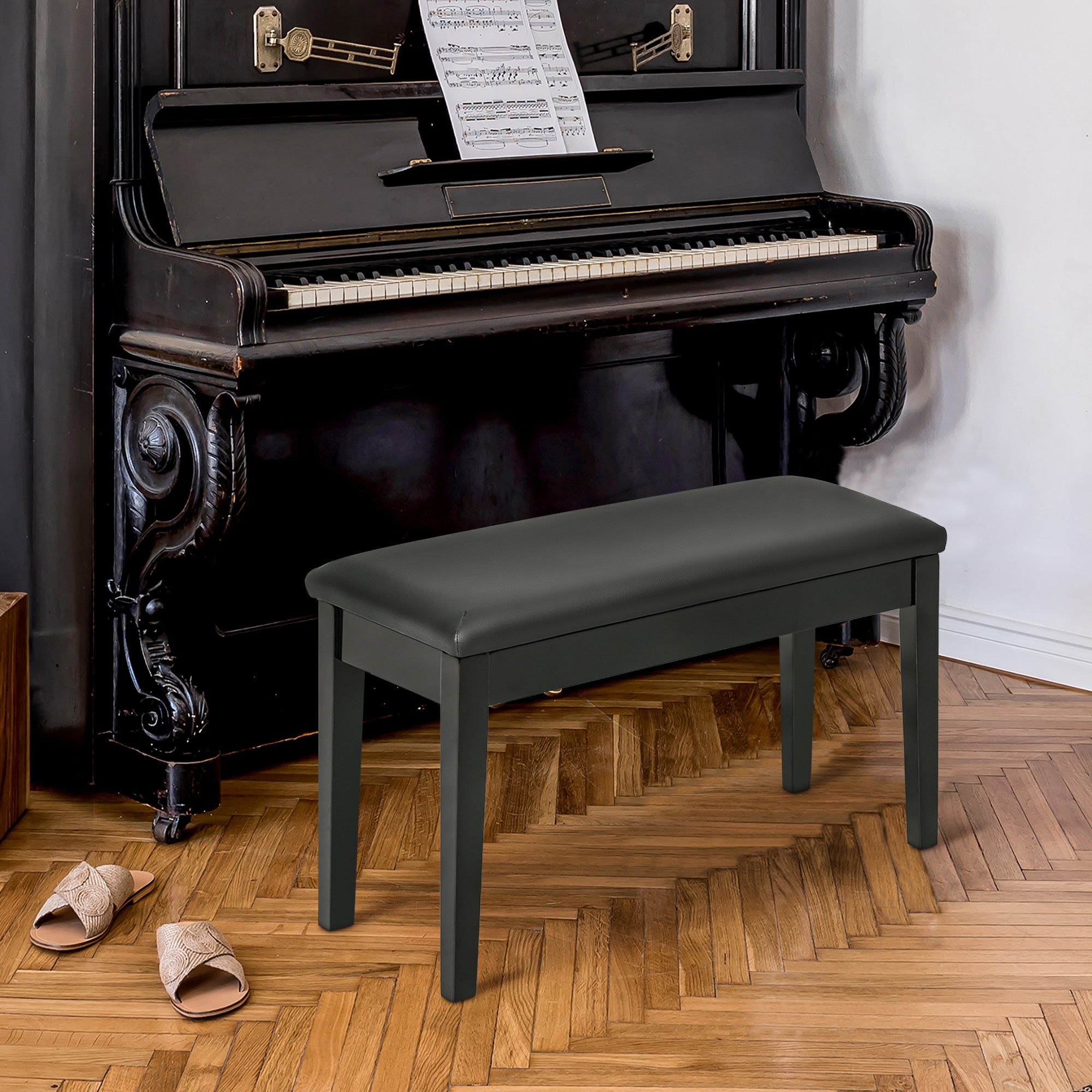 Classic Piano Bench Stool, PU Leather Padded Keyboard Seat with Rubber Wood Legs and Music Storage Compartment, Smooth Seat, Black