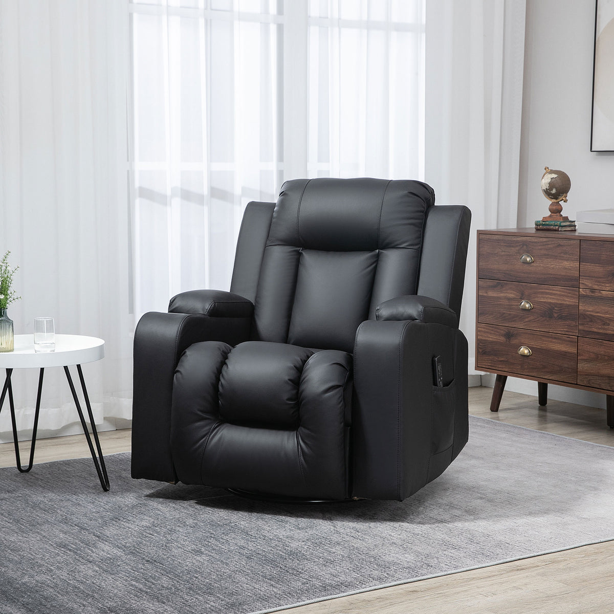 Swivel Massage Recliner Chair Rocker, Overstuffed Manual Reclining Sofa, PU Leather Rocking Chair with Side Pockets, Cup Holders, for Living Room, Nursery, Brown