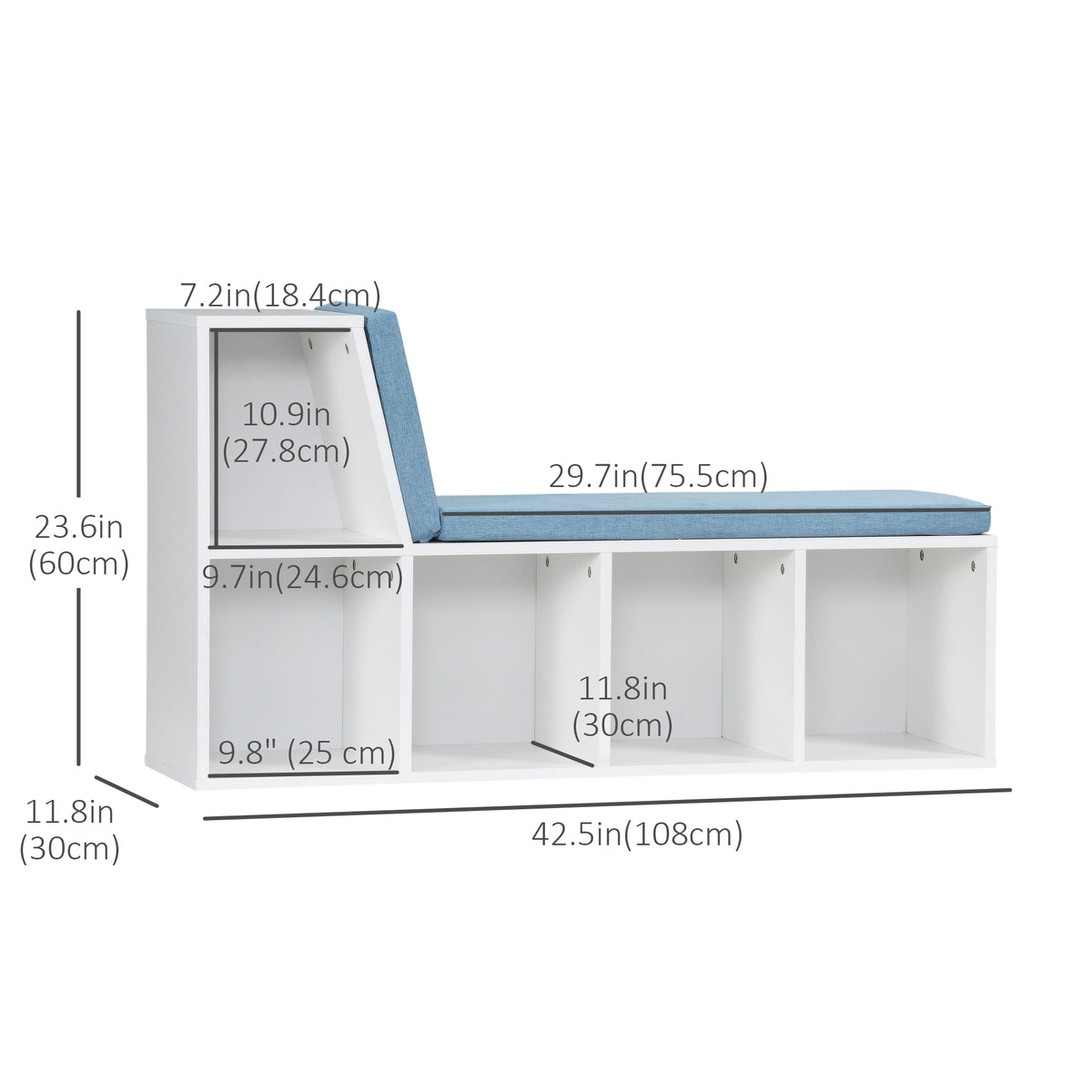 Multi-Purpose Bookshelf with 5 Cubes, 5-Cubby Bookcase with Cushioned Reading Nook and Storage Shelves, Grey
