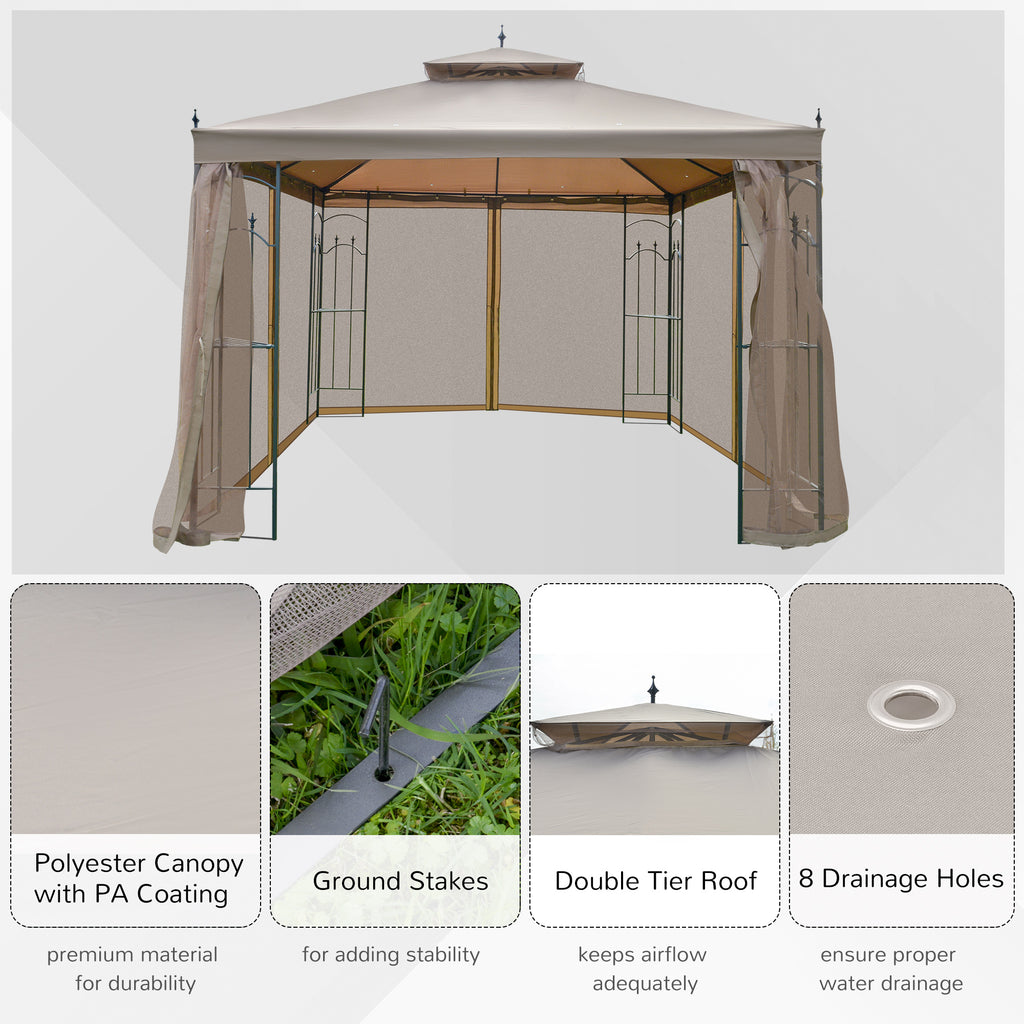 10' x 10' ብረታዊ ደጋዊ ጋዜቦ ካኖፒ ተንቀሳቓሲ መርበብ መጋረጃታት፣ መሸጡሪ መደርደሪታትን ብረታዊ ፍሬምን ዘለዎ፣ ቡናዊ