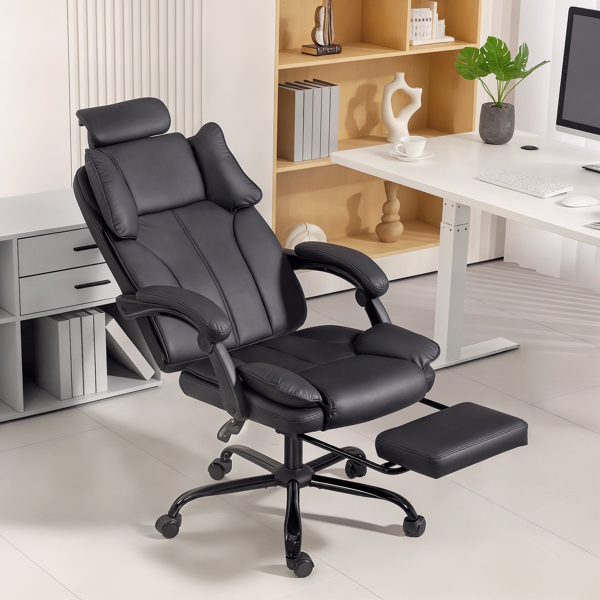 Reclining Office Chair, Executive Desk Chair with Pet-Friendly Fabric, Headrest, Footrest, Swivel Wheels, Brown