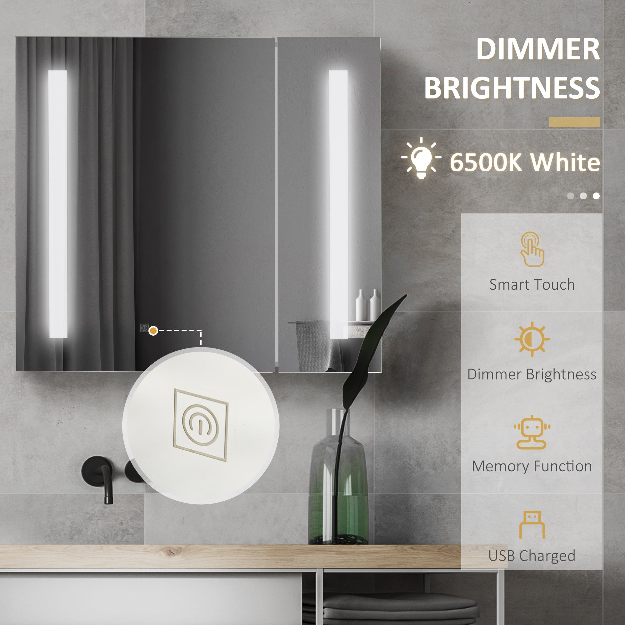 LED Medicine Cabinet with Mirror and Lights, 27.5" x 25.5" Lighted Bathroom Wall Cabinet, Bathroom Mirror Cabinet with Adjustable Shelf, USB Charge, White