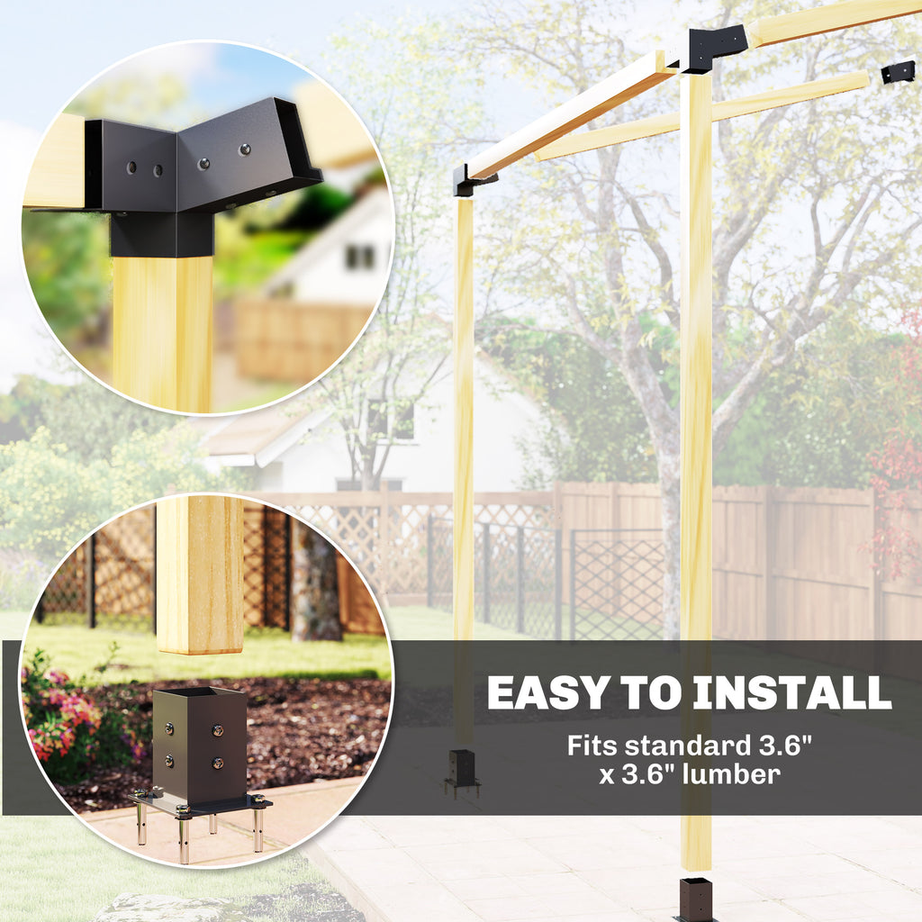 Pergola Kit, 15° Slanted Pergola Bracket Kit with 3-Way Brackets, Post Bases, Wall Mounts for 3.6" X 3.6" Lumber, Black