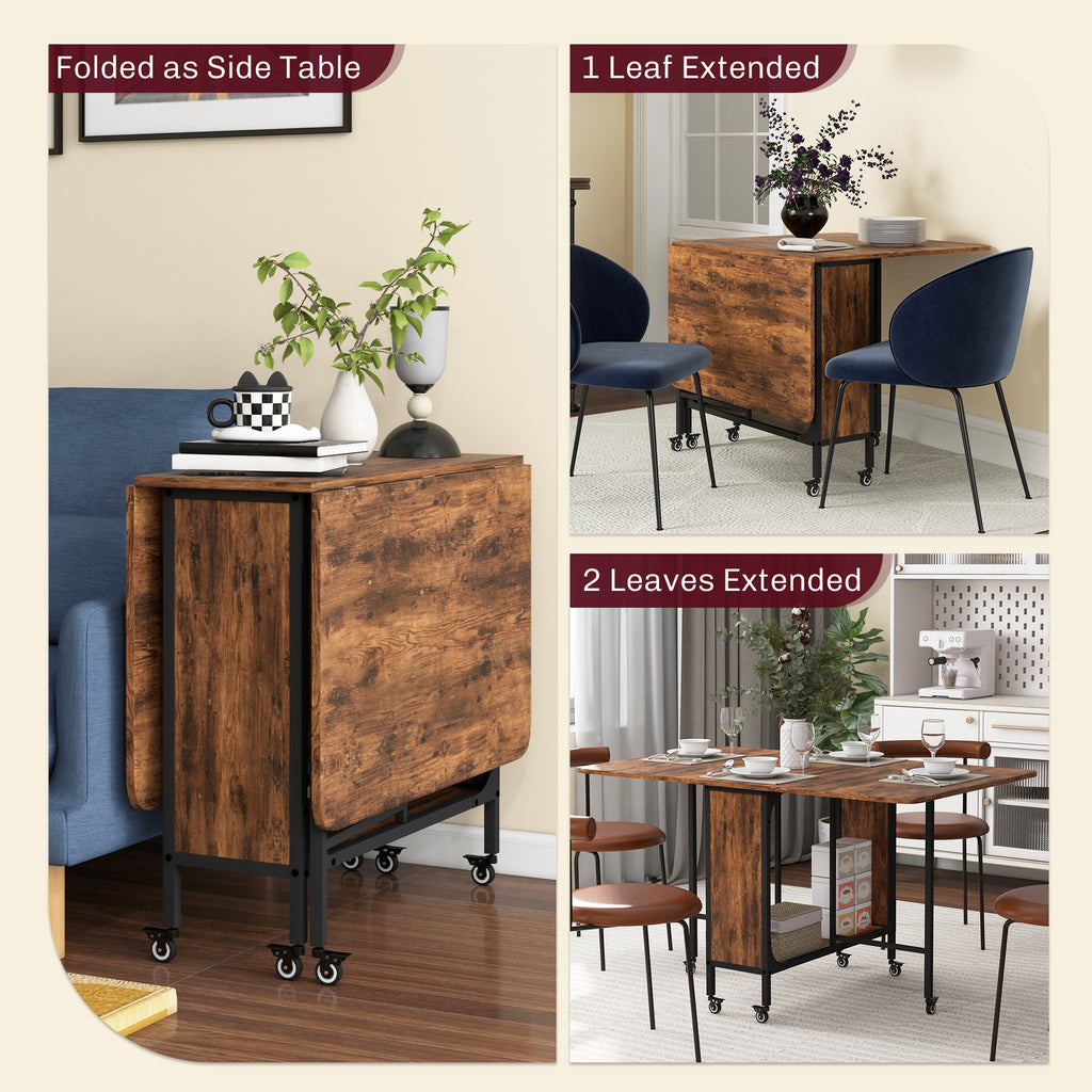Folding Dining Table, Extendable Kitchen Table for Small Spaces with Storage Shelf and 6 Wheels, Rustic Brown