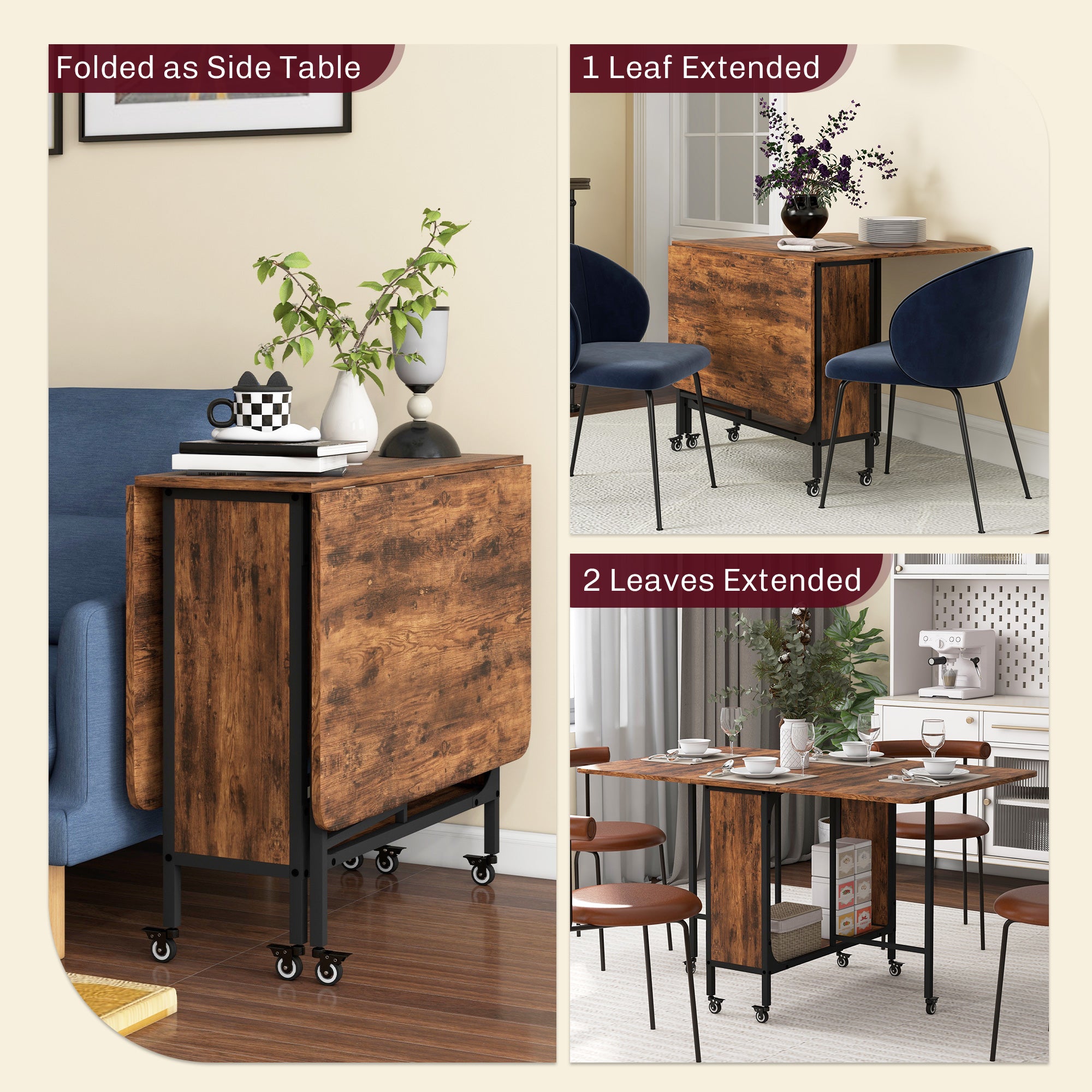 Folding Dining Table, Extendable Kitchen Table for Small Spaces with Storage Shelf and 6 Wheels, Rustic Brown