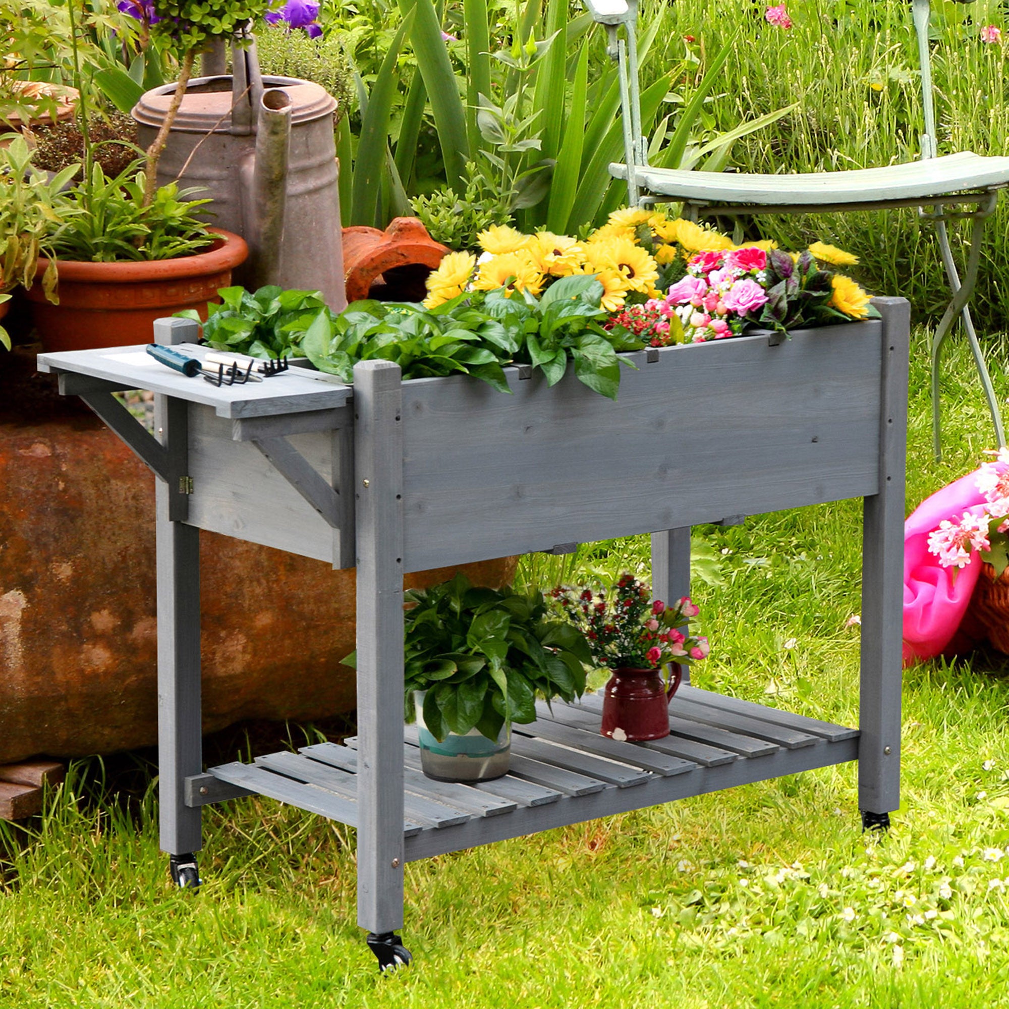 Raised Garden Bed with 8 Grids and Storage Shelf, Elevated Planter Box with Legs, for Vegetables Flowers Herbs, Brown