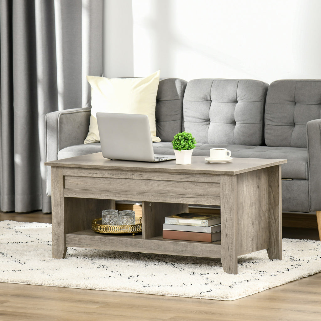 Lift Top Coffee Table with Hidden Storage Compartment and Open Shelves, Lift Tabletop Pop-Up Center Table for Living Room, Oak Effect