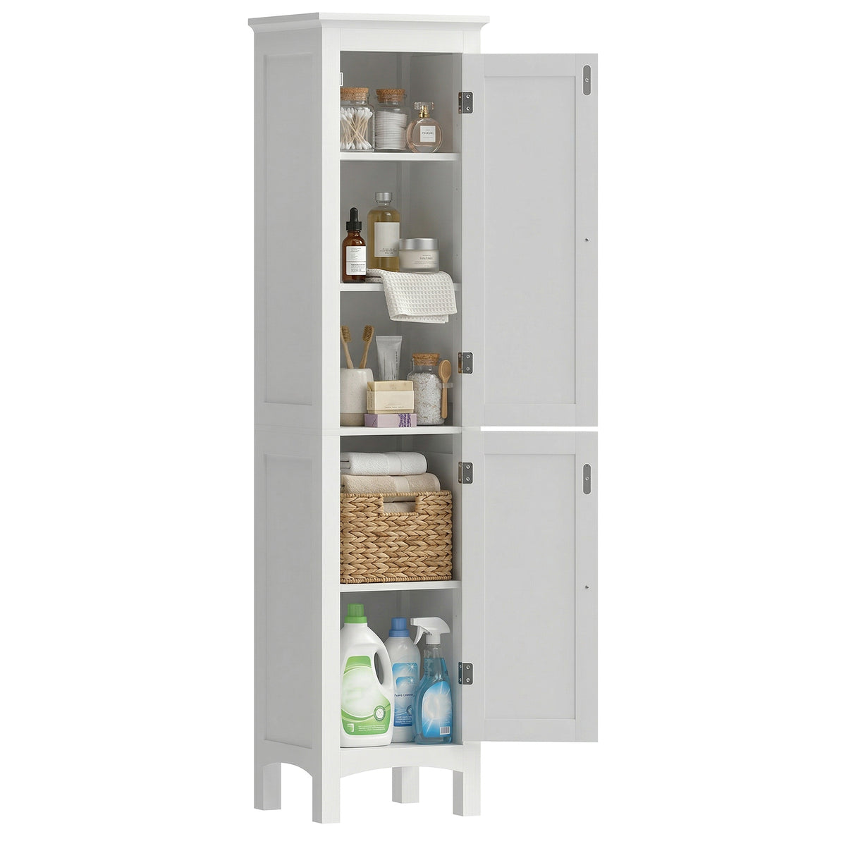 Tall Bathroom Cabinet, Freestanding Storage Organizer with Adjustable Shelves and Cupboards, 15" x 13" x 63", White