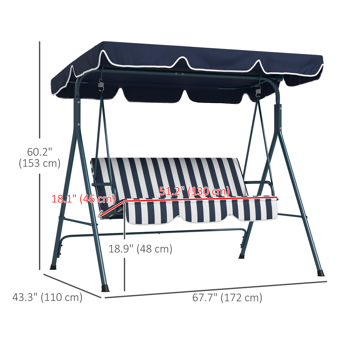 3-Seater Outdoor Porch Swing with Adjustable Canopy, Patio Swing Chair for Garden, Poolside, Backyard, Green and White