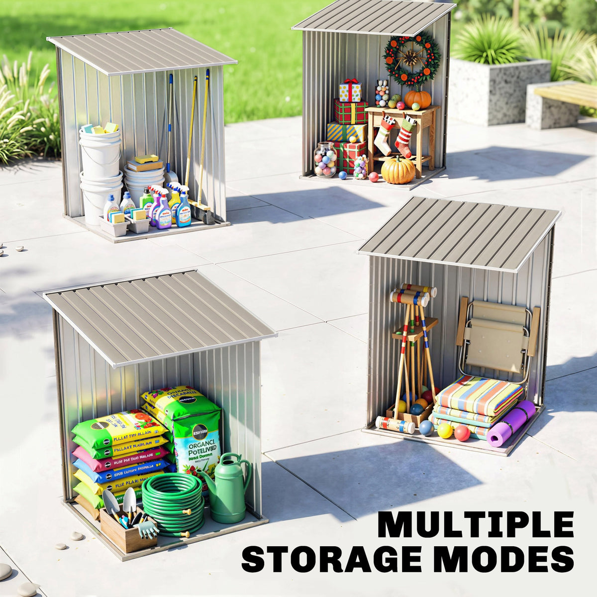 حظيرة تخزين خارجية للحديقة مائلة مقاس 3.3 × 3.4 قدم، فولاذ مجلفن بباب قابل للقفل للفناء باللونين البني والأبيض