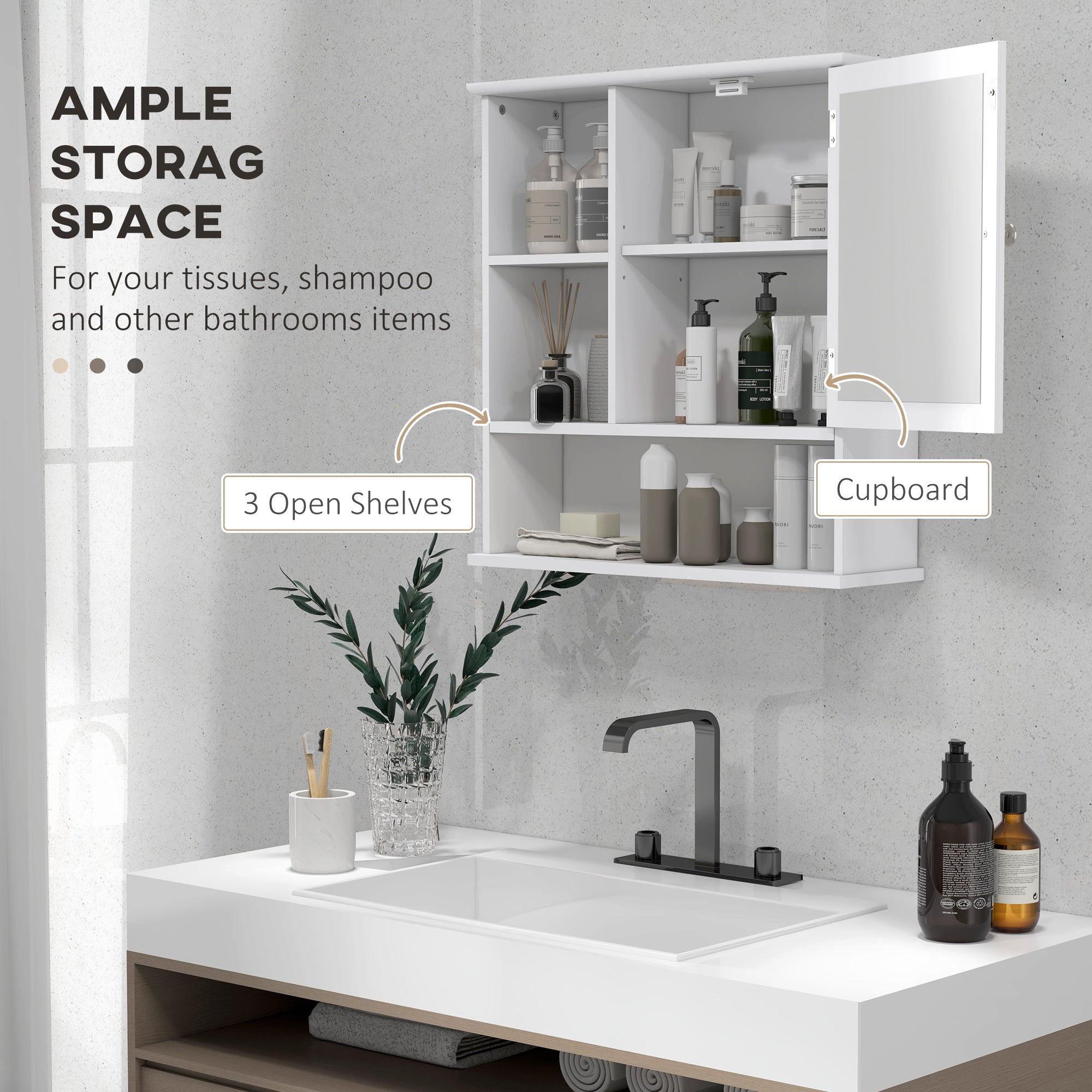 Wall-Mounted Medicine Cabinet, Bathroom Mirror Cabinet with Doors and Storage Shelves, White