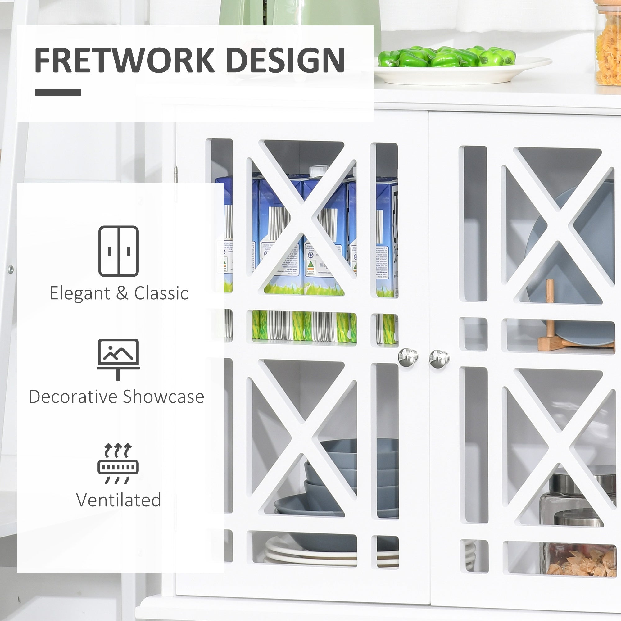 Storage Cabinet with Fretwork Doors and Shelf, Modern Freestanding Sideboard, Buffet, White
