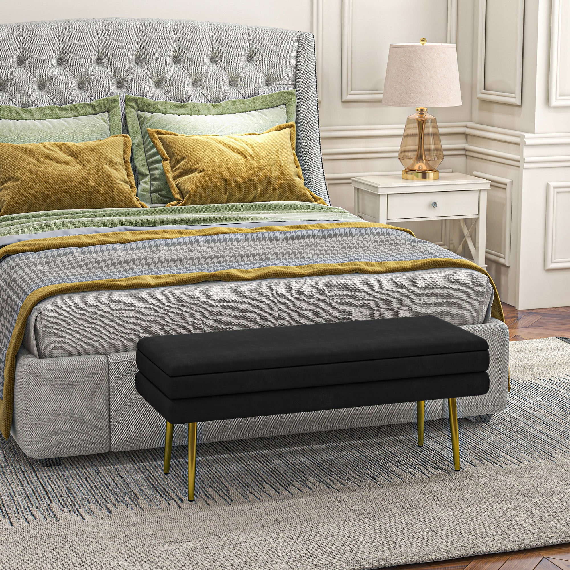 39" Storage Ottoman, Velvet End of Bed Bench with Steel Legs, Foot Stool with Storage for Bedroom, Living Room