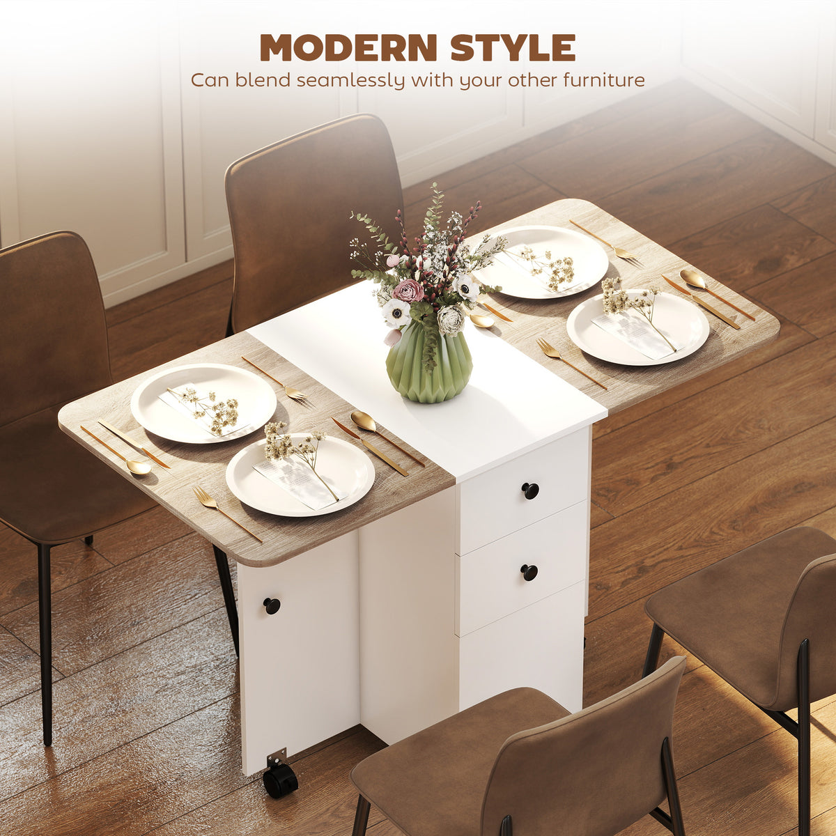Drop Leaf Dining Table, Mobile Folding Table on Wheels with Drawers and Cabinet for Dining Room, Kitchen, White and Oak