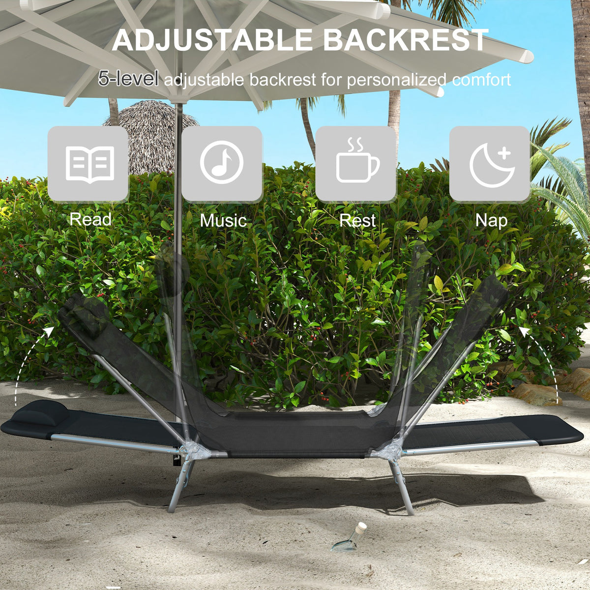 Folding Outdoor Lounge Chair Set of 2, Reclining Tanning Chair with 5-Position Adjustable Backrest, Black