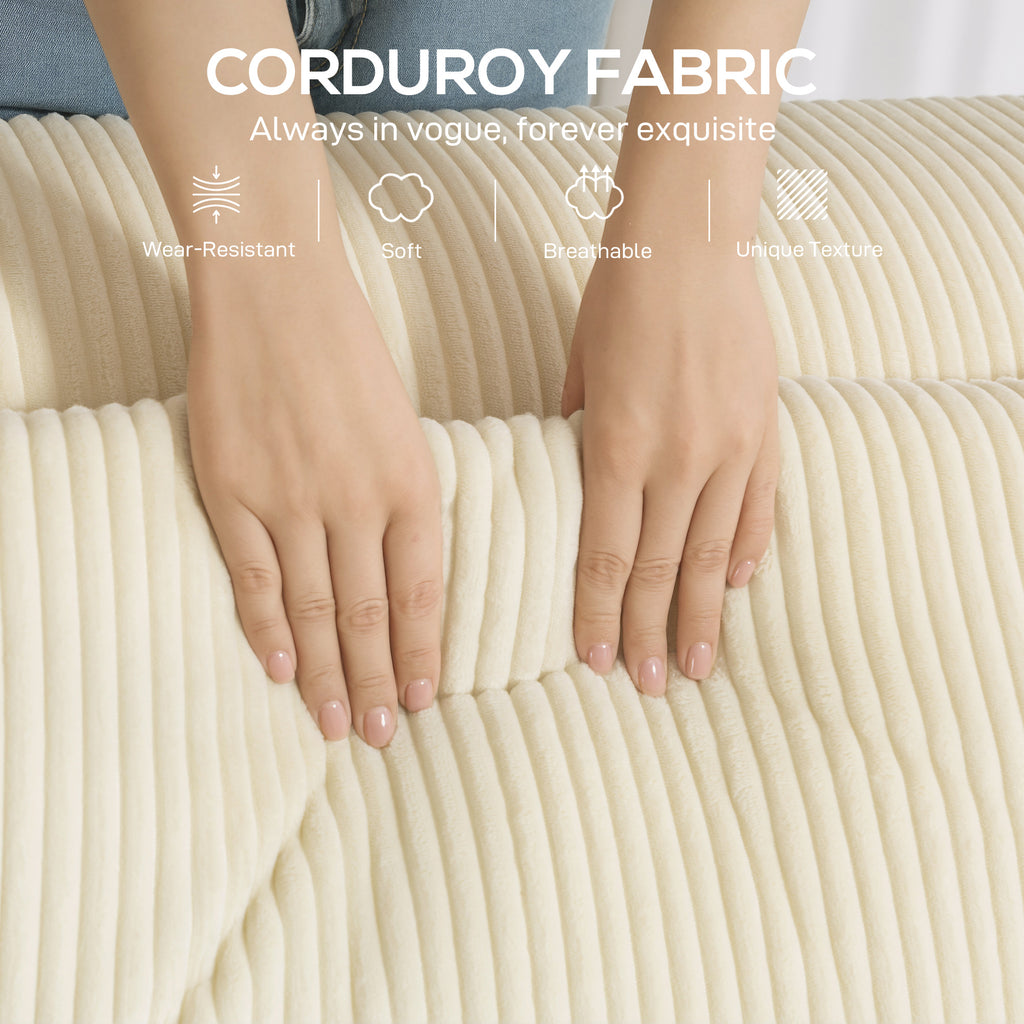 Boneless Couch, Corduroy 3 Seater Sofa with Deep Seat, Wide Armrests, 2 Pillows, Quick Assembly for Living Room, Beige