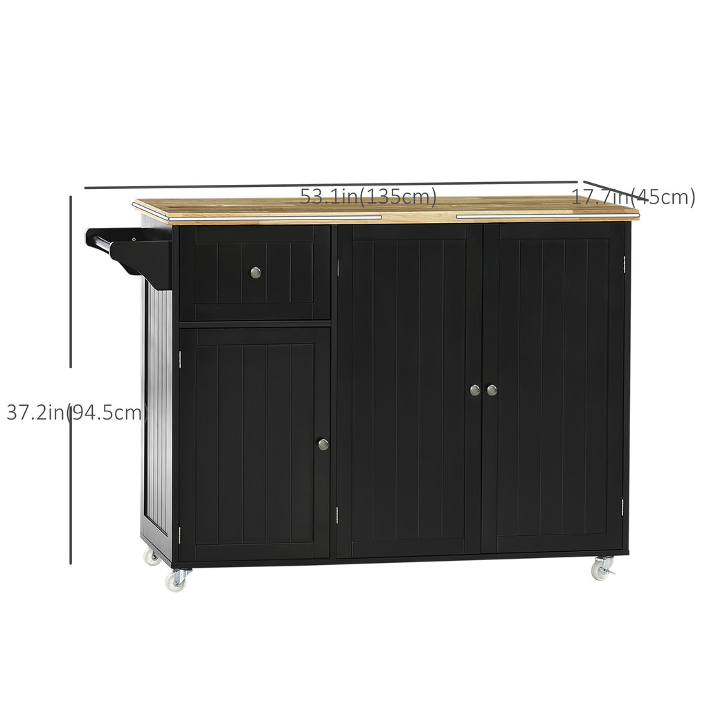 Rolling Kitchen Island with Storage, Utility Kitchen Island Cart with Drawer, Cabinets, Towel Rack and Rubber Wood Top