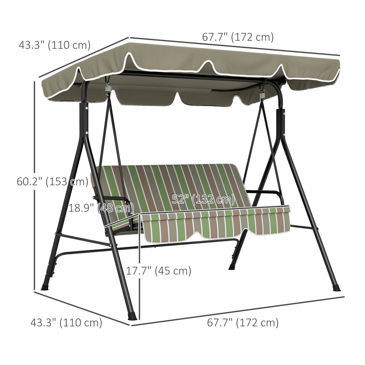 3-Seater Outdoor Porch Swing with Adjustable Canopy, Patio Swing Chair for Garden, Poolside, Backyard, Green and White