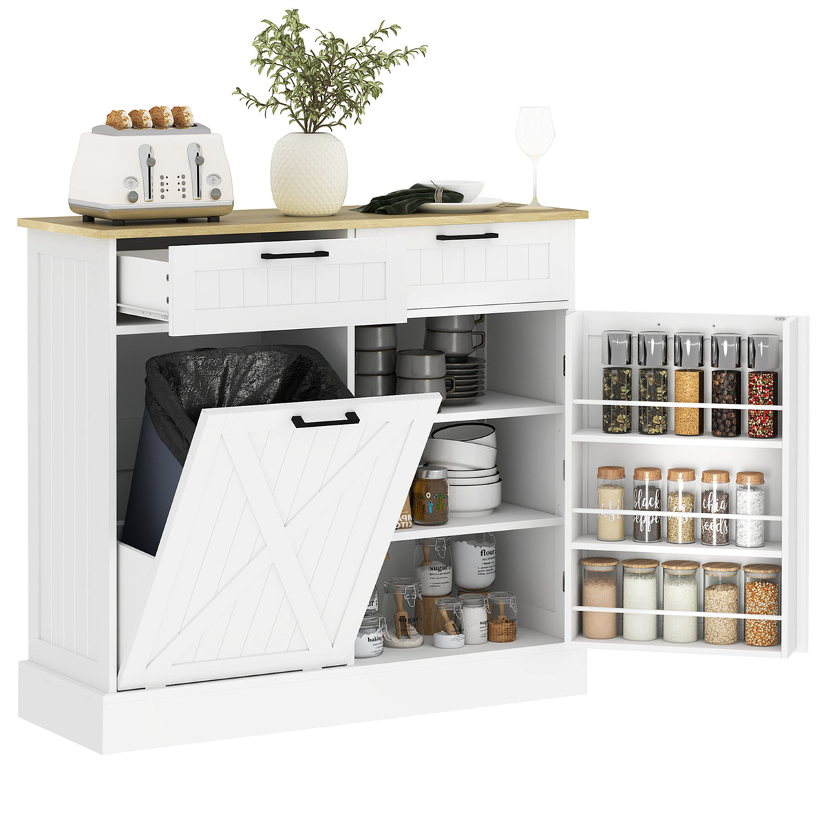 10 Gallon Hidden Garbage Bin Cabinet, Tilt Out Trash Cabinet w/ 2 Drawers, Freestanding Kitchen Island, Black